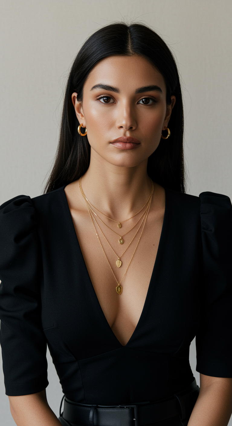 a woman posing against a plain light background, styled in an elegant and minimal fashion. She is wearing a black, deep V-neck top with slightly puffed shoulders, giving her outfit a sophisticated silhouette. Her dark, straight hair is parted in the middle and tucked neatly behind her ears, complementing her polished appearance.
The main focus is on her accessories with layered gold necklaces featuring small pendants and hoops earrings that match in tone. Her makeup is natural and refined, emphasising a smooth complexion, neutral lips, and well-groomed brows. The lighting is soft and even, highlighting her features with a gentle glow. The overall mood is poised, confident, and modern — fitting for a beauty, fashion, or jewellery editorial portrait.