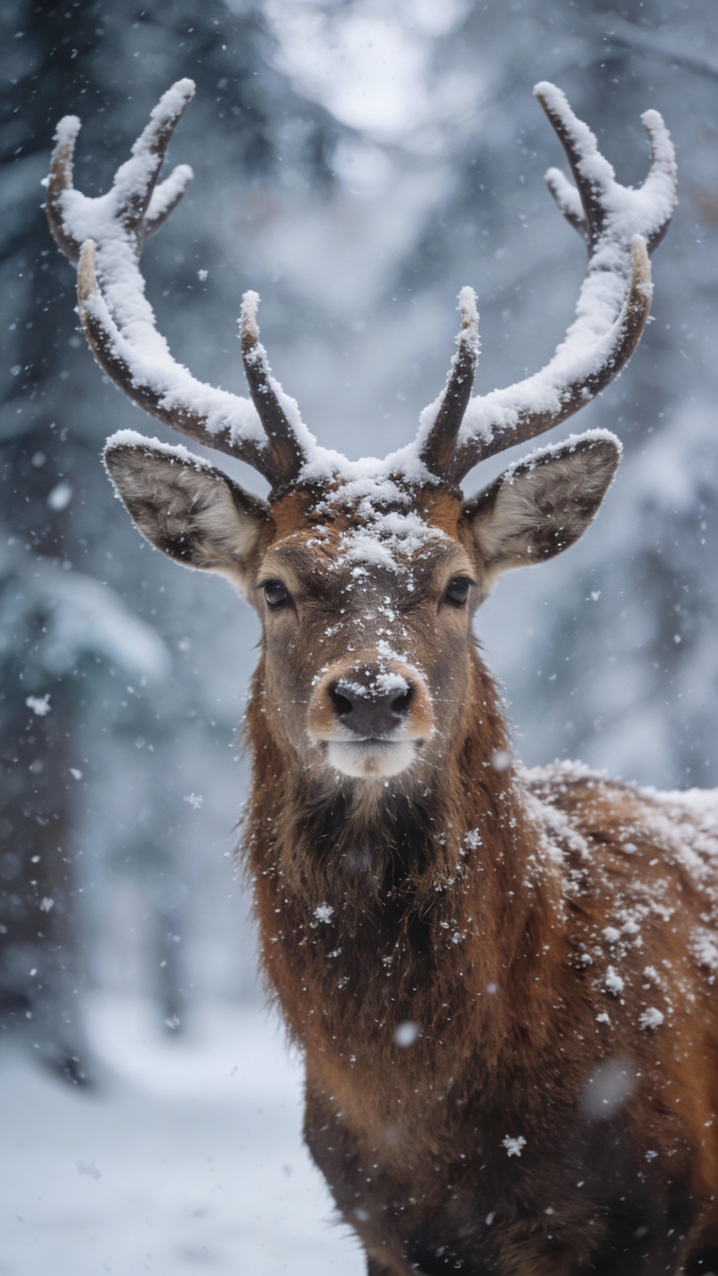 A close-up wildlife portrait of a majestic stag standing still in a snowy forest during active snowfall. The deer faces the camera directly, with large symmetrical antlers coated in fresh snow, creating a striking and powerful composition. Its fur is a rich warm brown, lightly dusted with snowflakes, contrasting against the soft white foreground and cool gray-blue background. The background features blurred winter trees with shallow depth of field, producing a dreamy, atmospheric bokeh effect. Lighting is soft and diffused, typical of overcast winter conditions, emphasizing fine details in the fur, antlers, and snow texture. The mood is calm, serene, and slightly dramatic, evoking wilderness, nature, and seasonal beauty. Shot at eye level with a centered composition, high realism, no text, ideal for commercial wildlife, winter, or holiday-themed stock imagery.