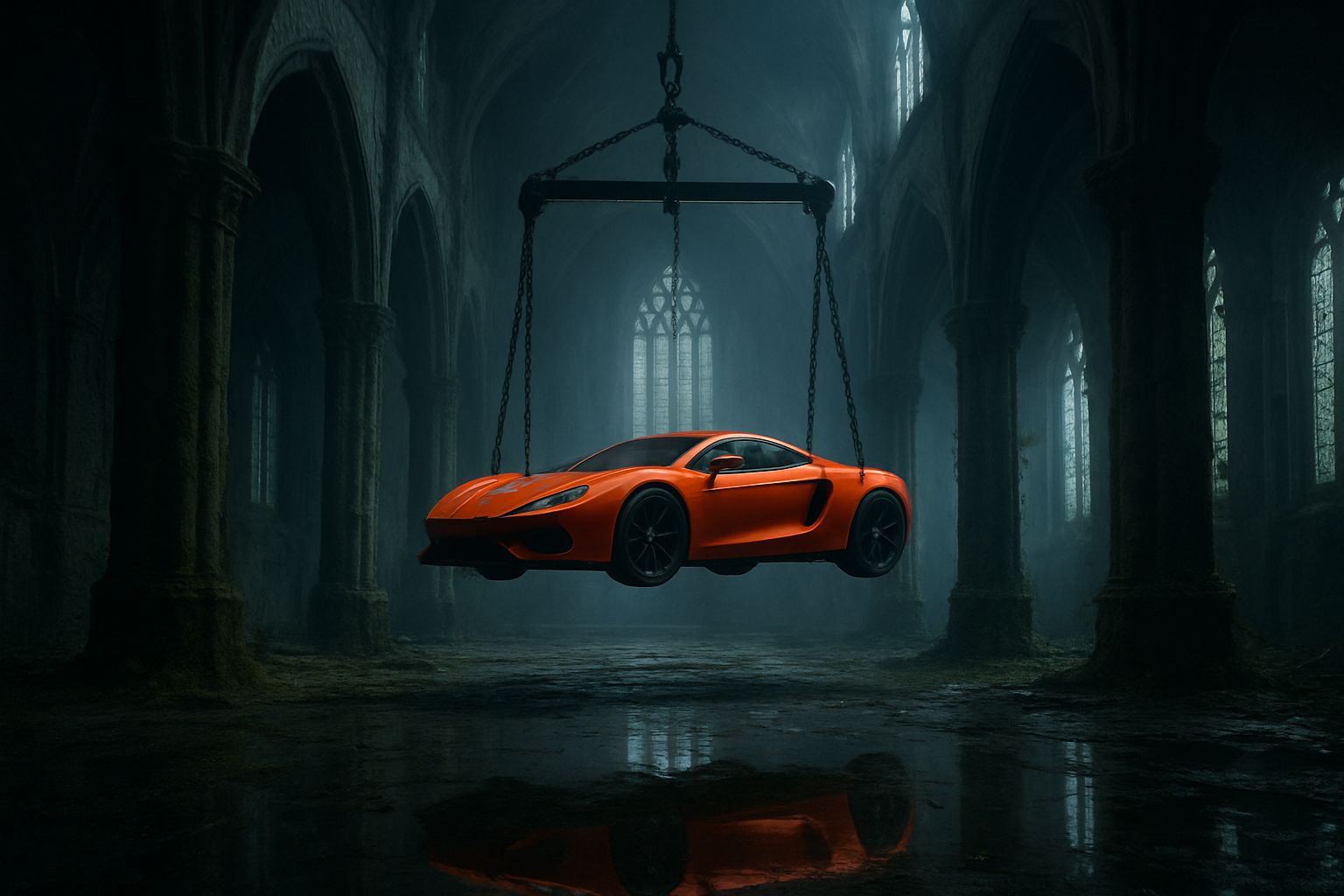 A surreal cinematic scene set inside a vast, abandoned gothic cathedral with towering stone arches, cracked walls, and tall stained-glass windows diffusing cold, misty daylight. Suspended in mid-air at the center of the nave is a bright orange sports car, lifted by heavy chains and a metal hoist frame attached to the vaulted ceiling. The car hangs perfectly horizontal, emphasizing tension and impossibility. Moss, vines, and creeping vegetation reclaim the ancient stone interior, while puddles on the cracked stone floor reflect the cathedral’s architecture and the floating vehicle above. The contrast between the modern, glossy supercar and the decaying medieval environment creates a striking visual juxtaposition. Lighting is soft but dramatic, with volumetric light rays cutting through dust and fog, evoking a mood of mystery, surrealism, and post-apocalyptic elegance. Highly detailed, cinematic realism with a dark, contemplative atmosphere.