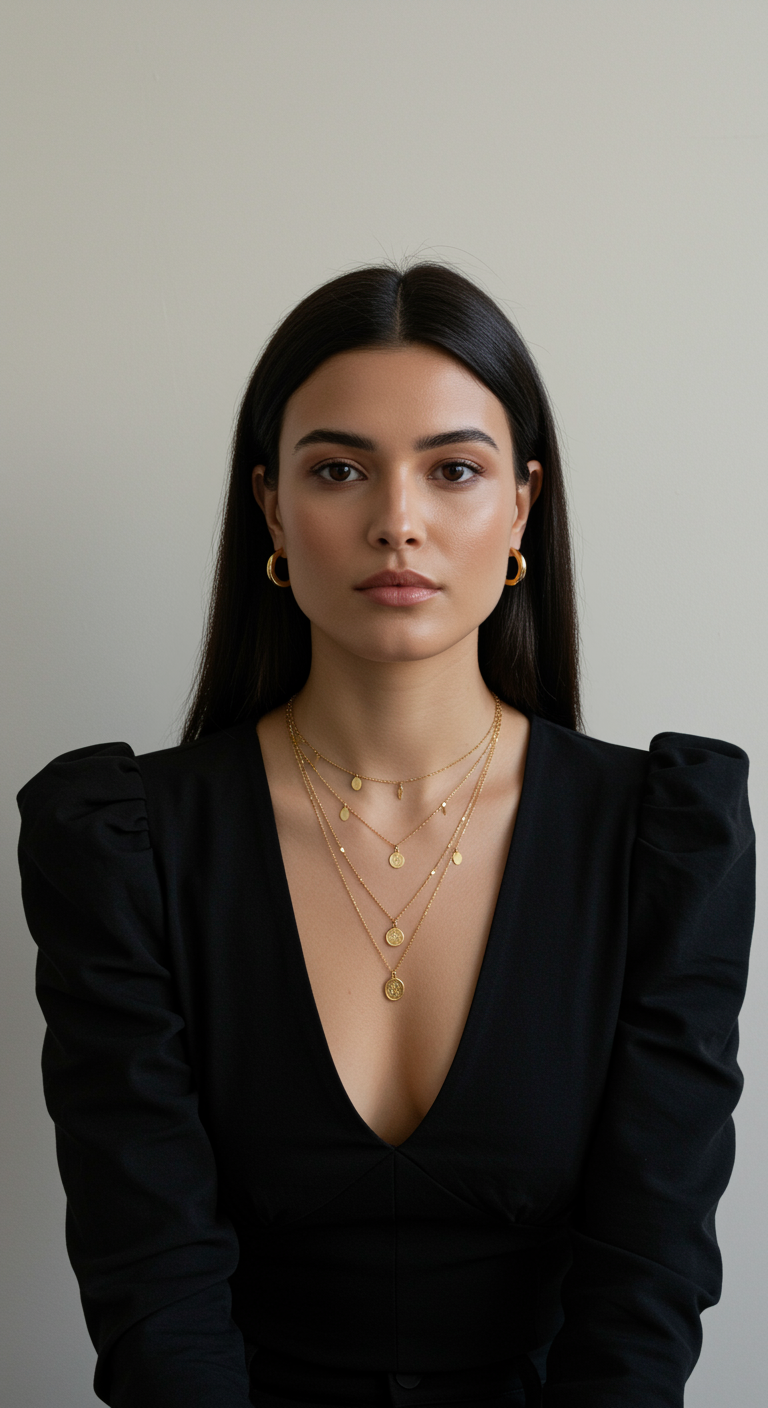 a woman posing against a plain light background, styled in an elegant and minimal fashion. She is wearing a black, deep V-neck top with slightly puffed shoulders, giving her outfit a sophisticated silhouette. Her dark, straight hair is parted in the middle and tucked neatly behind her ears, complementing her polished appearance.

The main focus is on her accessories with layered gold necklaces featuring small pendants and hoops earrings that match in tone. Her makeup is natural and refined, emphasising a smooth complexion, neutral lips, and well-groomed brows. The lighting is soft and even, highlighting her features with a gentle glow. The overall mood is poised, confident, and modern — fitting for a beauty, fashion, or jewellery editorial portrait.