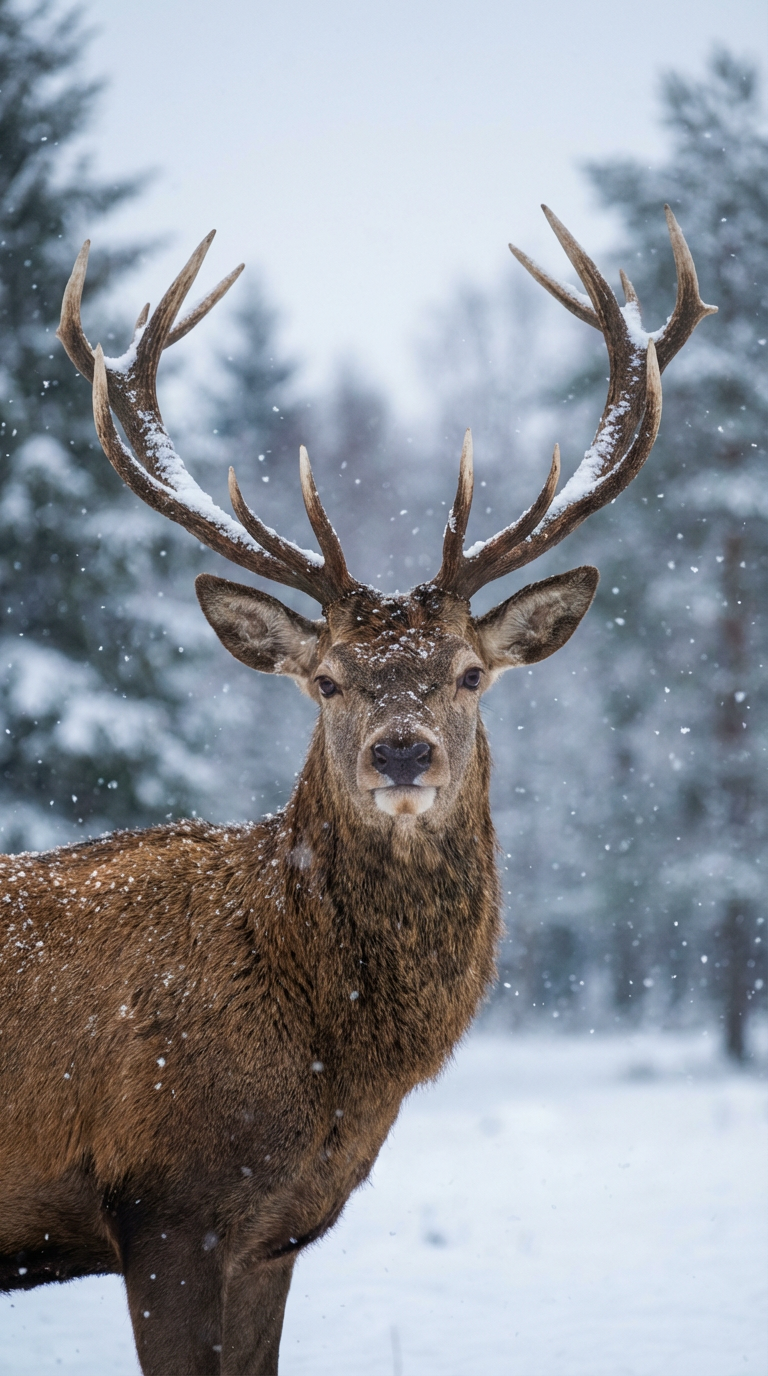 A close-up wildlife portrait of a majestic stag standing still in a snowy forest during active snowfall. The deer faces the camera directly, with large symmetrical antlers coated in fresh snow, creating a striking and powerful composition. Its fur is a rich warm brown, lightly dusted with snowflakes, contrasting against the soft white foreground and cool gray-blue background. The background features blurred winter trees with shallow depth of field, producing a dreamy, atmospheric bokeh effect. Lighting is soft and diffused, typical of overcast winter conditions, emphasizing fine details in the fur, antlers, and snow texture. The mood is calm, serene, and slightly dramatic, evoking wilderness, nature, and seasonal beauty. Shot at eye level with a centered composition, high realism, no text, ideal for commercial wildlife, winter, or holiday-themed stock imagery.