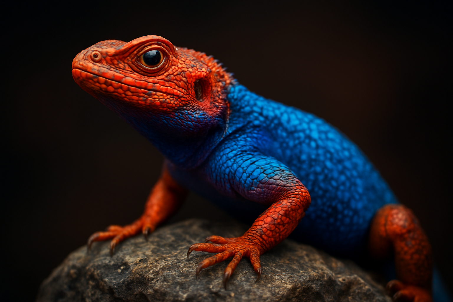A striking close-up portrait of a vividly colored lizard perched on a textured rock, captured at eye level with shallow depth of field. The reptile features an extraordinary gradient of saturated hues—electric blue scales along the body, fiery orange and red tones on the head and limbs, and subtle purple transitions across the neck and torso. Fine scale textures are sharply detailed, with glossy highlights catching the light. One large, reflective eye is in crisp focus, conveying alertness and curiosity. The background fades into a dark, softly blurred gradient, isolating the subject and enhancing contrast. Lighting is dramatic yet controlled, emphasizing color vibrancy and surface detail. The overall mood is bold, exotic, and visually arresting, ideal for wildlife art, fantasy realism, or high-end digital illustration.