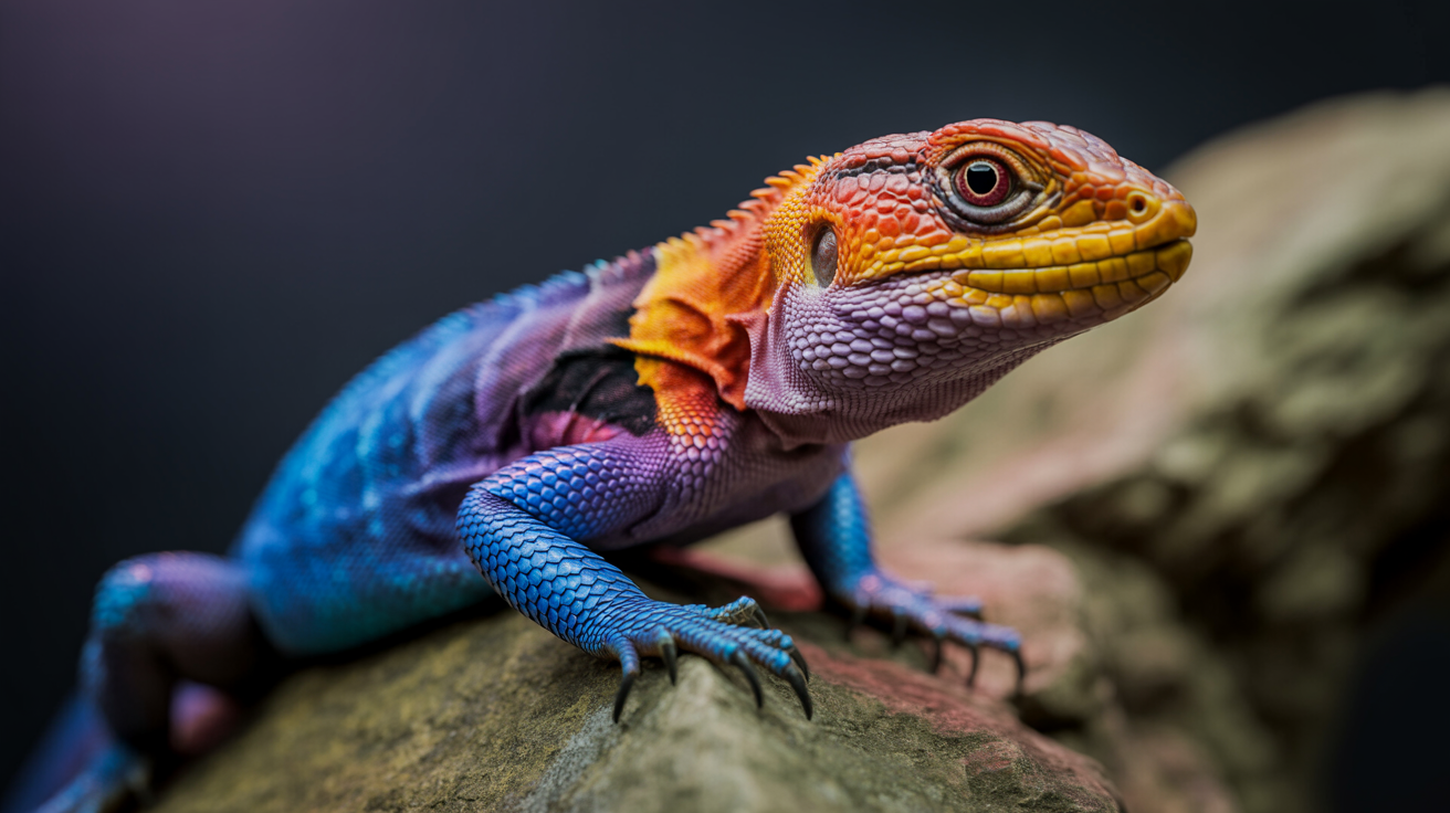 A striking close-up portrait of a vividly colored lizard perched on a textured rock, captured at eye level with shallow depth of field. The reptile features an extraordinary gradient of saturated hues—electric blue scales along the body, fiery orange and red tones on the head and limbs, and subtle purple transitions across the neck and torso. Fine scale textures are sharply detailed, with glossy highlights catching the light. One large, reflective eye is in crisp focus, conveying alertness and curiosity. The background fades into a dark, softly blurred gradient, isolating the subject and enhancing contrast. Lighting is dramatic yet controlled, emphasizing color vibrancy and surface detail. The overall mood is bold, exotic, and visually arresting, ideal for wildlife art, fantasy realism, or high-end digital illustration.