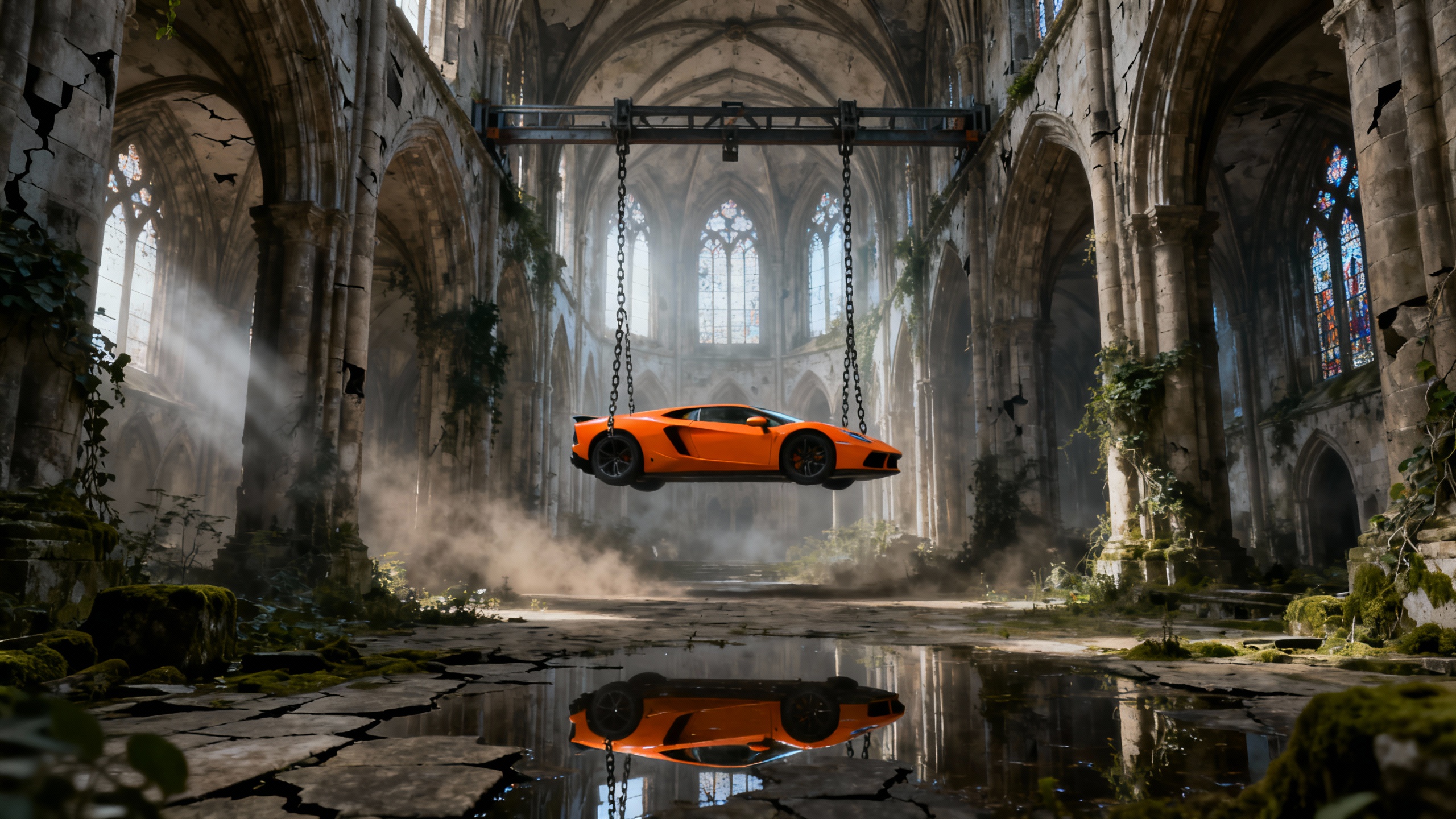 A surreal cinematic scene set inside a vast, abandoned gothic cathedral with towering stone arches, cracked walls, and tall stained-glass windows diffusing cold, misty daylight. Suspended in mid-air at the center of the nave is a bright orange sports car, lifted by heavy chains and a metal hoist frame attached to the vaulted ceiling. The car hangs perfectly horizontal, emphasizing tension and impossibility. Moss, vines, and creeping vegetation reclaim the ancient stone interior, while puddles on the cracked stone floor reflect the cathedral’s architecture and the floating vehicle above. The contrast between the modern, glossy supercar and the decaying medieval environment creates a striking visual juxtaposition. Lighting is soft but dramatic, with volumetric light rays cutting through dust and fog, evoking a mood of mystery, surrealism, and post-apocalyptic elegance. Highly detailed, cinematic realism with a dark, contemplative atmosphere.