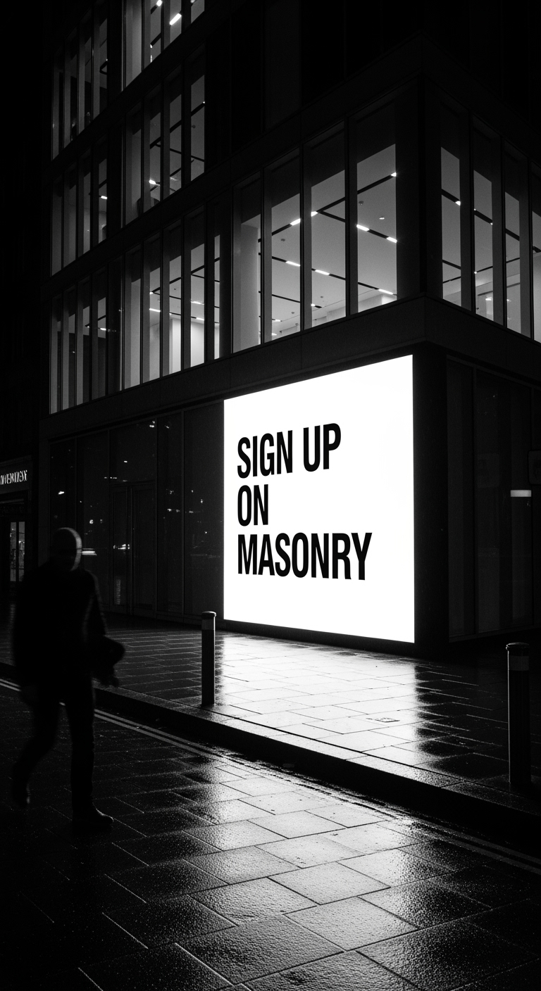 A black-and-white urban night scene with a glowing illuminated billboard on a sidewalk in front of a modern glass-walled building. The billboard reads “SIGN UP ON MASONRY” in bold, uppercase black text. A blurred silhouette of a person walks past, adding motion and mystery to the composition. The pavement is dark, and the interior of the building glows softly with diffused light. The atmosphere is cinematic, moody, and slightly dystopian, with high contrast between the glowing sign and the surrounding shadows.