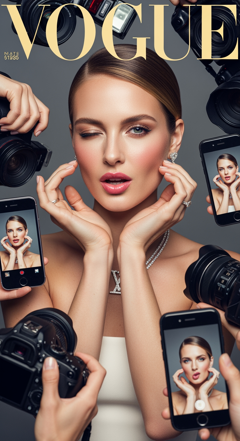 a realistic Vogue magazine cover–style fashion portrait using the uploaded face as the original face reference (100% face identity preservation).

A young elegant woman posing confidently, maintaining her original facial features and natural beauty. She is winking with her left eye and making a playful duck-face expression. Both hands are raised, forming a love/heart gesture near her face.

She is surrounded by multiple DSLR cameras and smartphones held around her, as if paparazzi and photographers are capturing her from all directions. Some phones show her live image on their screens.

Appearance & styling: flawless glowing skin, natural makeup with glossy pink lips, soft blush, subtle highlights. Light brown hair styled in a low, neat updo with a few loose strands.

Outfit & accessories: elegant minimalist beige-white strapless evening dress, Louis Vuitton necklace, diamond ring, luxury fashion jewelry.

Photography style: close-up to half-body fashion portrait, Vogue editorial aesthetic, cinematic professional studio lighting, soft HDR background, shallow depth of field, realistic skin texture, ultra-detailed, 8K quality.

Camera & lens look: professional DSLR look, 85mm lens feel, f/1.8 aperture, crisp focus with smooth background bokeh.

Composition: Vogue magazine layout with large bold logo at the top, editorial fashion cover framing, clean and elegant design.

Mood & vibe: playful yet luxurious, high-fashion beauty editorial, realistic, not AI-looking, photographed by a professional fashion photographer.