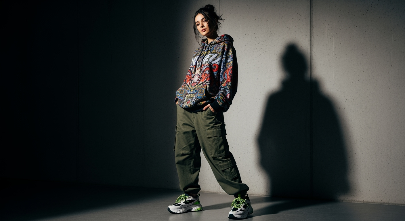 Studio fashion portrait of a young woman in streetwear style, wearing oversized cargo pants, a graphic hoodie, and chunky sneakers, standing confidently with dramatic side lighting. Clean minimalist background, modern urban fashion aesthetic