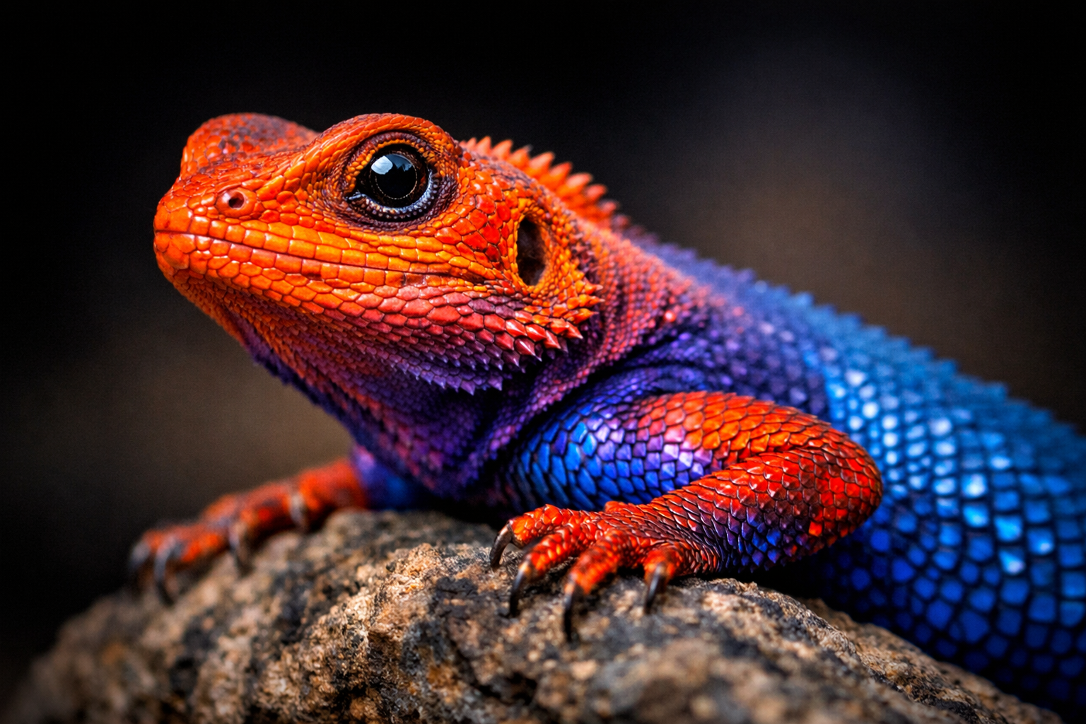 A striking close-up portrait of a vividly colored lizard perched on a textured rock, captured at eye level with shallow depth of field. The reptile features an extraordinary gradient of saturated hues—electric blue scales along the body, fiery orange and red tones on the head and limbs, and subtle purple transitions across the neck and torso. Fine scale textures are sharply detailed, with glossy highlights catching the light. One large, reflective eye is in crisp focus, conveying alertness and curiosity. The background fades into a dark, softly blurred gradient, isolating the subject and enhancing contrast. Lighting is dramatic yet controlled, emphasizing color vibrancy and surface detail. The overall mood is bold, exotic, and visually arresting, ideal for wildlife art, fantasy realism, or high-end digital illustration.