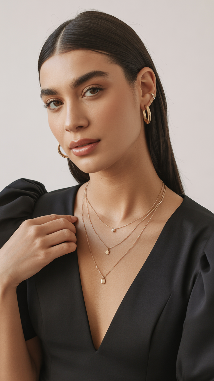 a woman posing against a plain light background, styled in an elegant and minimal fashion. She is wearing a black, deep V-neck top with slightly puffed shoulders, giving her outfit a sophisticated silhouette. Her dark, straight hair is parted in the middle and tucked neatly behind her ears, complementing her polished appearance.

The main focus is on her accessories with layered gold necklaces featuring small pendants and hoops earrings that match in tone. Her makeup is natural and refined, emphasising a smooth complexion, neutral lips, and well-groomed brows. The lighting is soft and even, highlighting her features with a gentle glow. The overall mood is poised, confident, and modern — fitting for a beauty, fashion, or jewellery editorial portrait.