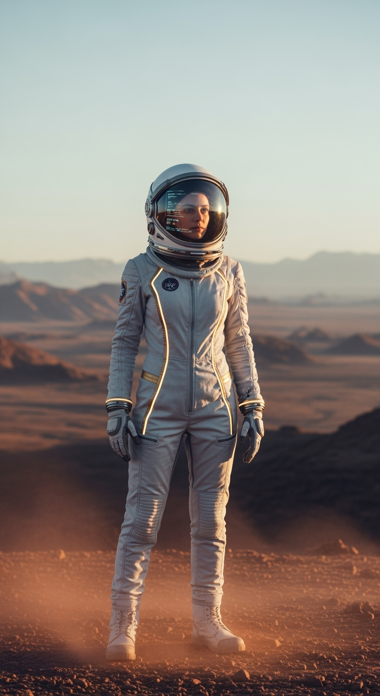 A cinematic portrait of a woman astronaut standing on the rocky surface of a distant planet, beneath a pale sky tinted with faint atmospheric haze. The landscape stretches endlessly behind her — rugged terrain of sand, dust, and eroded stone, echoing the quiet desolation of alien worlds. She wears a futuristic evolution of a NASA-style spacesuit, sleek and advanced with matte white composite armor panels, metallic seams, and soft gold luminescent trims integrated into the fabric. The helmet’s clear visor reflects the horizon’s subtle glow, while translucent HUD graphics flicker faintly across its surface.
Her expression is calm, determined, and introspective, capturing the weight of isolation and discovery. Fine dust drifts in the air around her boots, illuminated by soft, golden sunlight breaking through the thin atmosphere. The lighting is cinematic and naturalistic, blending warm highlights with cool blue shadow tones that create depth and emotional realism.
In the distance, the outline of a futuristic landing craft gleams faintly, its lights shimmering through the dust — a silent reminder of humanity’s reach across the stars. The scene conveys a Gravity-meets-Interstellar tone: grounded realism infused with advanced design and quiet grandeur.
Style: Futuristic cinematic realism, high-detail sci-fi portrait
Lighting: Natural sunlight with soft atmospheric haze and rim glow
Mood: Solitary, awe-inspiring, elegant, emotionally resonant
Camera angle: Mid-frame eye-level portrait, shallow depth of field for dramatic focus