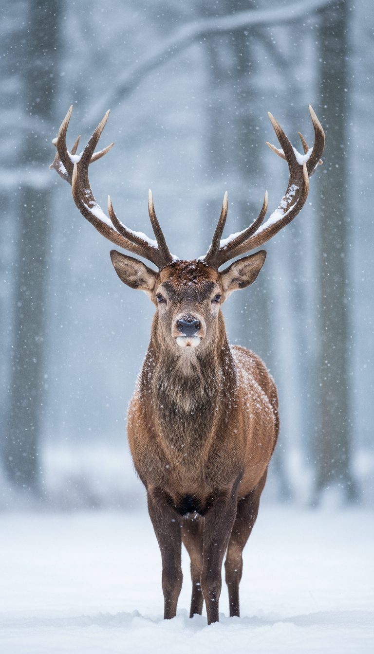 A close-up wildlife portrait of a majestic stag standing still in a snowy forest during active snowfall. The deer faces the camera directly, with large symmetrical antlers coated in fresh snow, creating a striking and powerful composition. Its fur is a rich warm brown, lightly dusted with snowflakes, contrasting against the soft white foreground and cool gray-blue background. The background features blurred winter trees with shallow depth of field, producing a dreamy, atmospheric bokeh effect. Lighting is soft and diffused, typical of overcast winter conditions, emphasizing fine details in the fur, antlers, and snow texture. The mood is calm, serene, and slightly dramatic, evoking wilderness, nature, and seasonal beauty. Shot at eye level with a centered composition, high realism, no text, ideal for commercial wildlife, winter, or holiday-themed stock imagery.