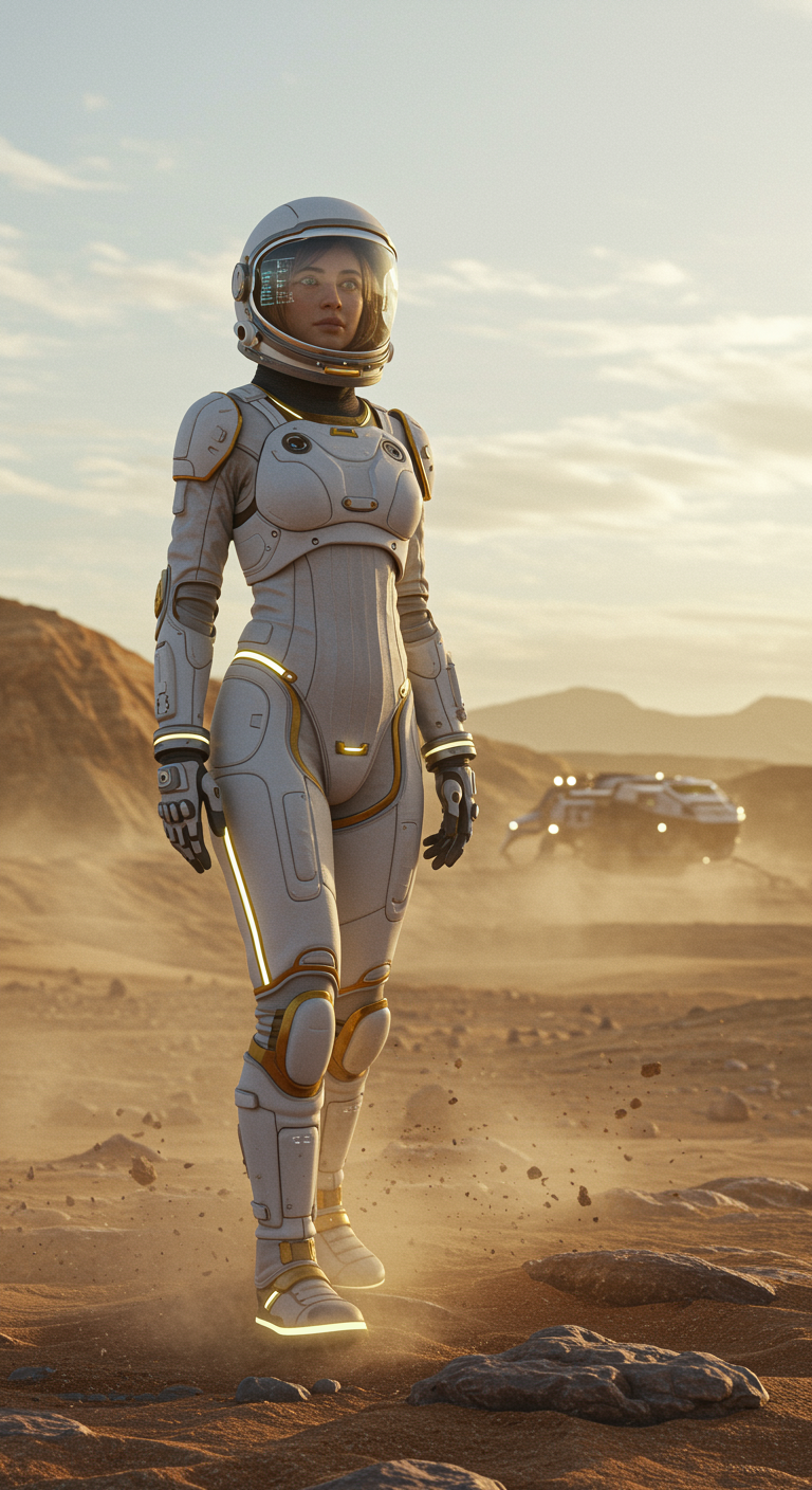 A cinematic portrait of a woman astronaut standing on the rocky surface of a distant planet, beneath a pale sky tinted with faint atmospheric haze. The landscape stretches endlessly behind her — rugged terrain of sand, dust, and eroded stone, echoing the quiet desolation of alien worlds. She wears a futuristic evolution of a NASA-style spacesuit, sleek and advanced with matte white composite armor panels, metallic seams, and soft gold luminescent trims integrated into the fabric. The helmet’s clear visor reflects the horizon’s subtle glow, while translucent HUD graphics flicker faintly across its surface.
Her expression is calm, determined, and introspective, capturing the weight of isolation and discovery. Fine dust drifts in the air around her boots, illuminated by soft, golden sunlight breaking through the thin atmosphere. The lighting is cinematic and naturalistic, blending warm highlights with cool blue shadow tones that create depth and emotional realism.
In the distance, the outline of a futuristic landing craft gleams faintly, its lights shimmering through the dust — a silent reminder of humanity’s reach across the stars. The scene conveys a Gravity-meets-Interstellar tone: grounded realism infused with advanced design and quiet grandeur.
Style: Futuristic cinematic realism, high-detail sci-fi portrait
Lighting: Natural sunlight with soft atmospheric haze and rim glow
Mood: Solitary, awe-inspiring, elegant, emotionally resonant
Camera angle: Mid-frame eye-level portrait, shallow depth of field for dramatic focus