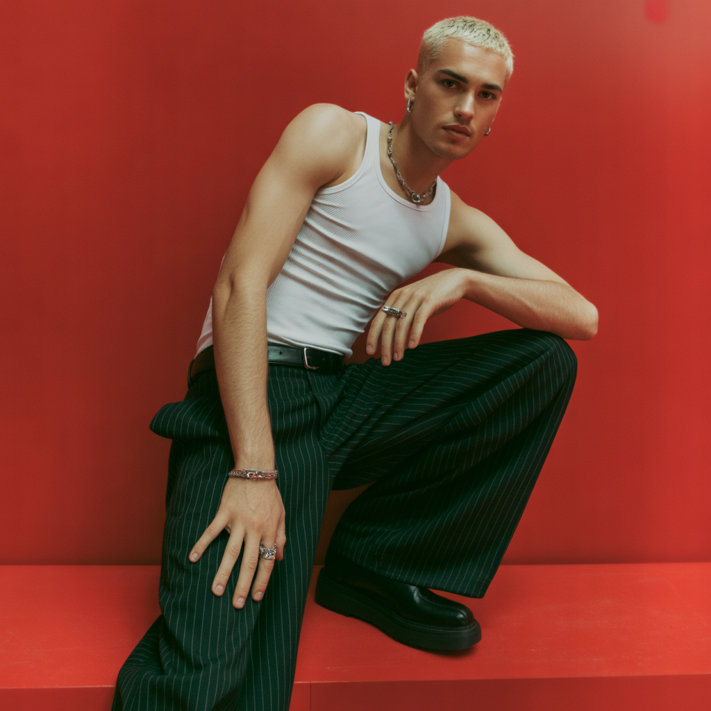 fashion-forward portrait of a male model posing against a bold red backdrop. He is styled in a fitted white tank top that highlights his toned arms and shoulders, paired with oversized black pinstripe trousers that create dramatic volume and contrast. He completes the look with black shoes and accessories including rings, earrings, and a necklace, adding subtle metallic accents.

The model has short, bleached blond hair and strikes a dynamic pose with one hand resting on his torso and the other hanging loosely by his side, giving the composition a sense of movement and attitude.

The overall aesthetic is modern, edgy, and editorial, blending minimalism with high-fashion drama, ideal for contemporary style campaigns or artistic fashion photography.
