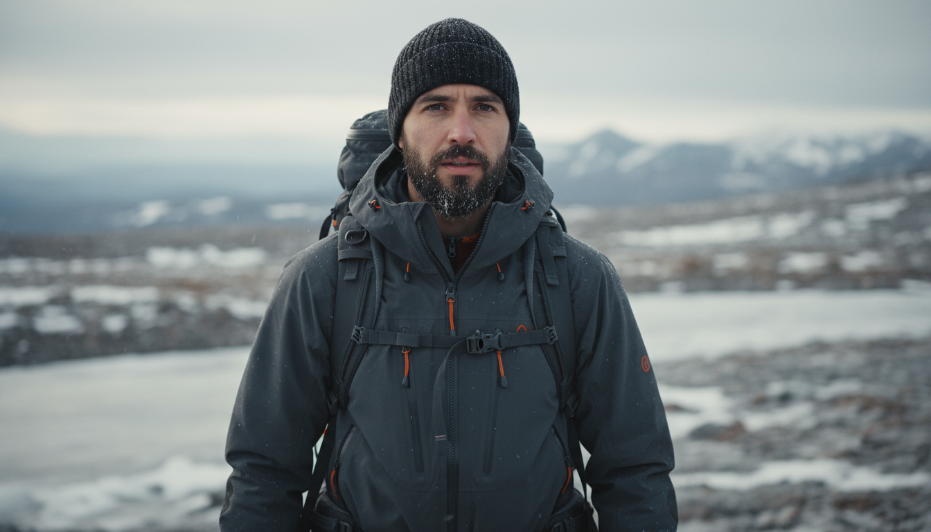 a man outdoors in a cold, mountainous environment, dressed in technical winter gear. He is wearing a dark gray waterproof jacket with taped seams, multiple zippers, and orange accent details, giving it a sleek, high-performance look. A dark knit beanie covers his head, and he has a neatly groomed beard. The jacket includes reinforced sleeves and pockets, and he is carrying a backpack with visible shoulder straps, suggesting he’s prepared for outdoor activity such as hiking or mountaineering.
The background features blurred rocky terrain with patches of snow, emphasizing the cold and rugged setting. The lighting is soft and natural, highlighting the texture of his clothing and the moisture on its surface. The overall atmosphere conveys resilience, focus, and adventure in a harsh winter landscape.