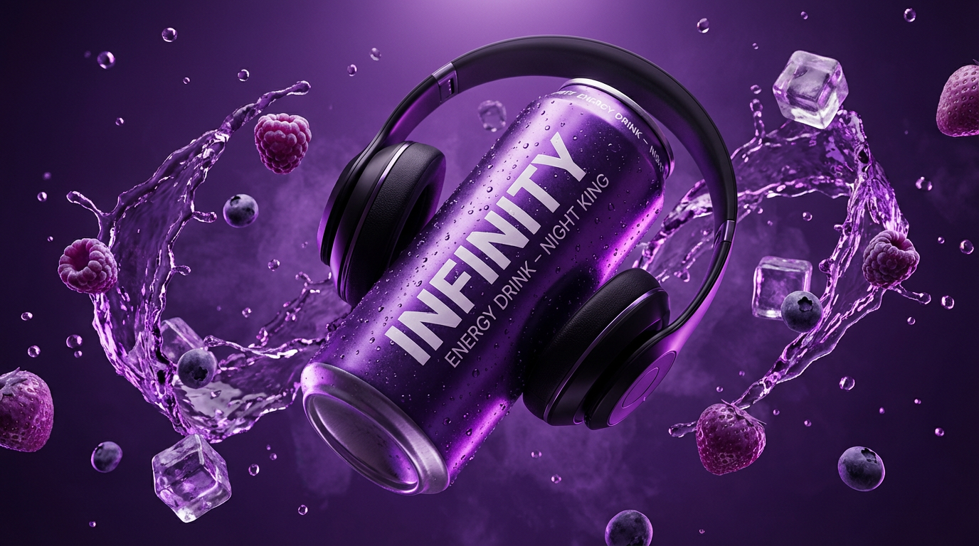 Ultra-cinematic product photography of a purple energy drink can labeled “INFINITY ENERGY DRINK – NIGHT KING” in bold white typography, floating mid-air at a dynamic three-quarter angle, wrapped with sleek black over-ear headphones; explosive liquid arcs and splashes frozen in time around the can, crystal-clear ice cubes and glossy berries (raspberries, blueberries, strawberries) suspended in motion, tiny droplets and mist filling the scene; dramatic high-contrast studio lighting with a powerful top key light, sharp rim lights tracing the can edges, and deep shadows for a dark, premium mood; monochromatic purple color palette with luminous highlights and metallic reflections, subtle neon glow accents; shallow depth of field isolating the can as the hero subject, hyper-detailed condensation on the aluminum surface, macro texture on fruit and water; volumetric light rays, floating particles, high-speed splash photography aesthetic, photorealistic, ultra-detailed, 8K, luxury advertising style, sharp focus, no watermark.