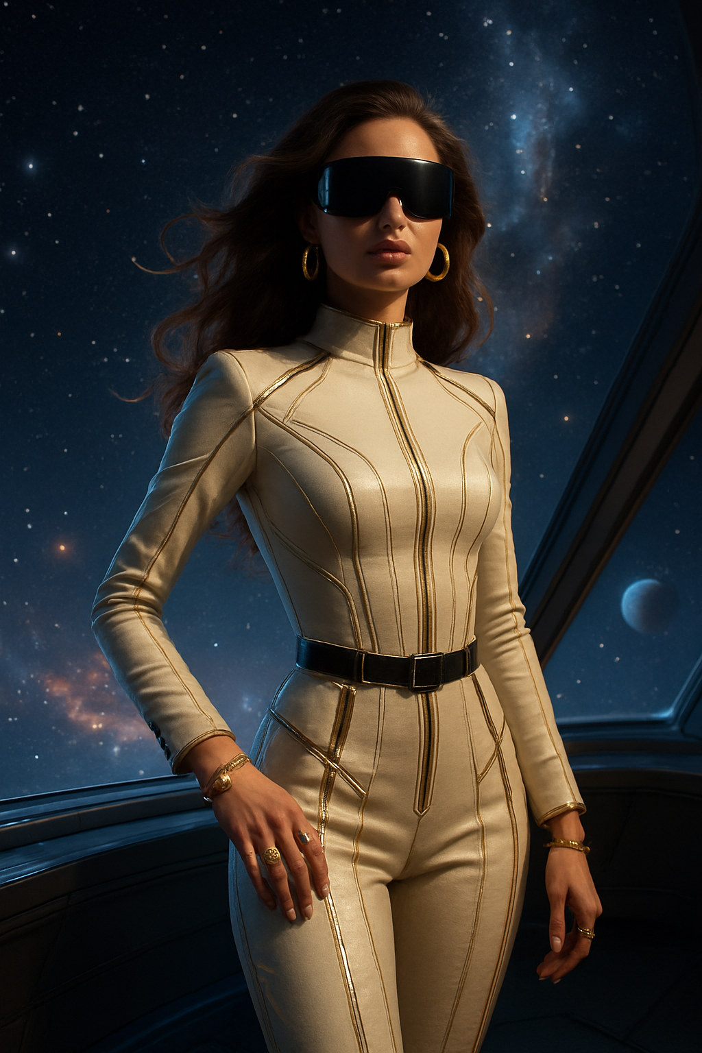 A futuristic lifestyle portrait of a woman standing confidently on the deck of a sleek spacecraft, with the vast expanse of stars, nebulae, and distant planets glowing behind her. She wears an elegant, form-fitting white and cream astronaut suit, designed with fashion-forward tailoring and subtle metallic accents. The suit’s silhouette highlights her figure, featuring gold-trimmed utility seams, black belt detailing, and reflective panels that shimmer under starlight. Her look is accessorized with bold gold jewelry integrated into the suit design — sculptural rings, floating bracelets, and modern hoop earrings that catch cosmic reflections. Oversized black-tinted visor glasses shield her eyes, adding a sense of mystery and strength.
Her long, wavy hair floats slightly in zero gravity, illuminated by soft galactic light filtering through the spacecraft’s observation windows. The ambient glow creates a dreamlike, cinematic mood — luxurious, otherworldly, and empowered — blending high fashion elegance with astronaut exploration aesthetics, perfect for conceptual cosmic fashion, jewelry, or futuristic lifestyle branding.