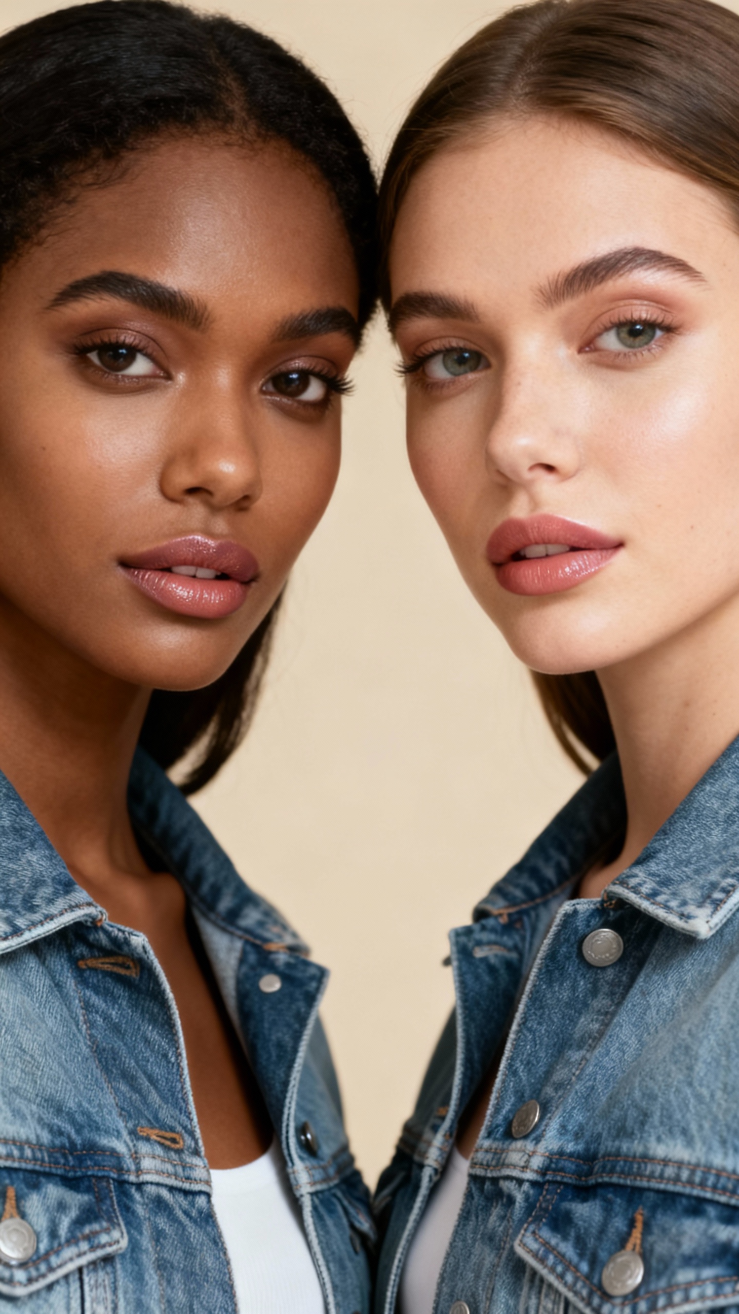 Close-up fashion portrait of two young women standing side by side, looking confidently into the camera. Both wear casual denim jackets with natural makeup and soft, glowing skin, set against a clean beige background. Their expressions are poised and modern, highlighting diversity, beauty, and friendship. Shot in high resolution with soft studio lighting, creating a stylish, contemporary editorial feel.