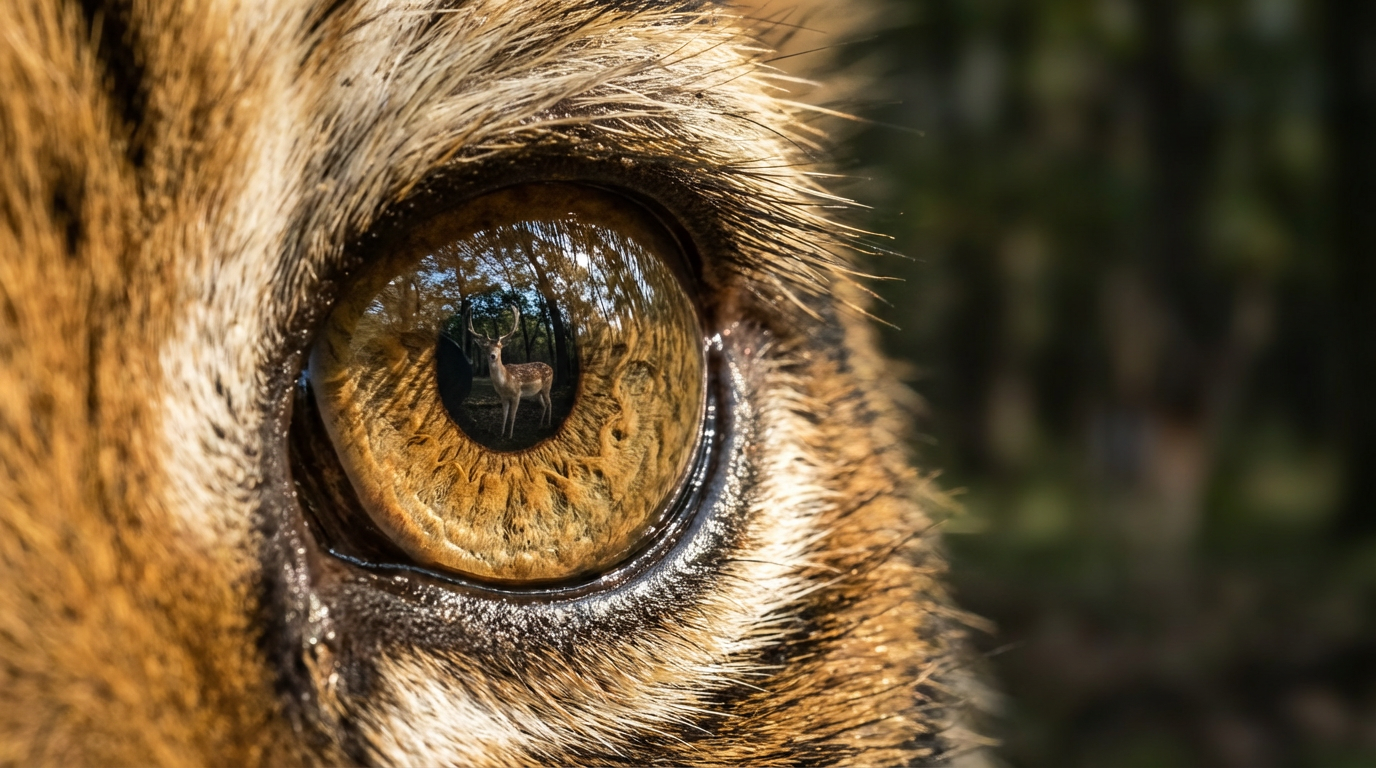 Ultra macro cinematic shot focusing on the eye of a real tiger, capturing the intricate textures of the iris and fur around it. The reflection in the tiger’s eye clearly shows a deer standing in the forest, slightly trembling and alert. The camera remains locked on the eye — showing micro movements of the pupil, subtle breathing vibrations, and golden fur details glinting under sunlight. The atmosphere is tense and silent except for faint forest sounds — rustling leaves and distant bird calls. Lighting emphasizes the contrast between the tiger’s amber eye and the reflected deer silhouette, creating a sense of predatory focus and wild intensity.