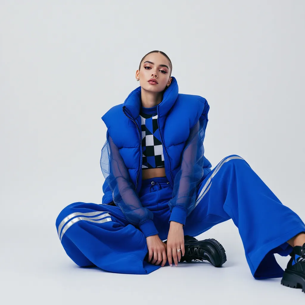 High-fashion editorial portrait of a model seated on the floor in a relaxed yet confident pose. The model wears a bold blue outfit featuring wide-legged track pants with reflective silver stripes, a cropped puffer vest, and a geometric-patterned sheer long-sleeve top in black, white, and blue tones. The look blends streetwear and avant-garde elements, creating a futuristic athletic aesthetic. Clean studio backdrop with soft lighting enhances the modern textures and vivid colors, making the image suitable for fashion campaigns, sports-inspired editorials, and contemporary style branding