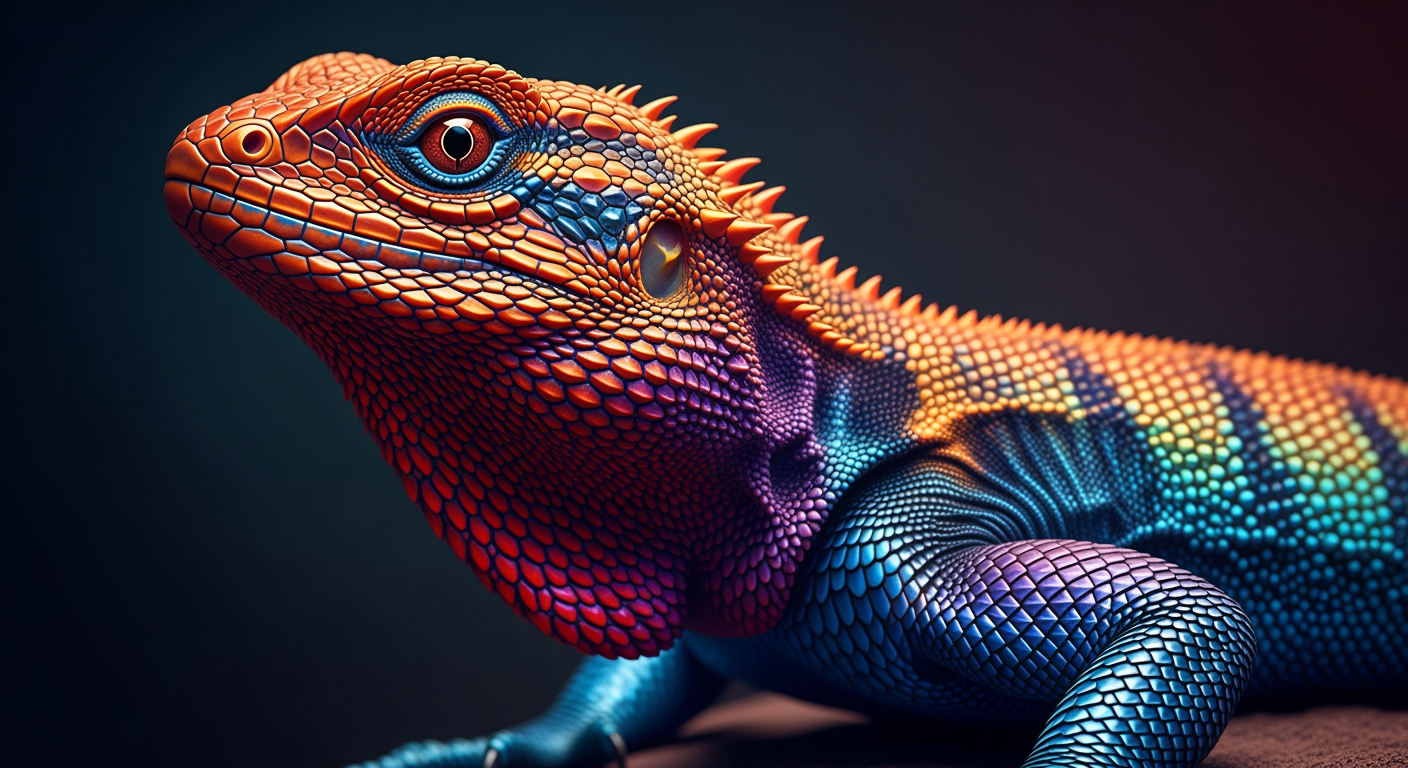 A striking close-up portrait of a vividly colored lizard perched on a textured rock, captured at eye level with shallow depth of field. The reptile features an extraordinary gradient of saturated hues—electric blue scales along the body, fiery orange and red tones on the head and limbs, and subtle purple transitions across the neck and torso. Fine scale textures are sharply detailed, with glossy highlights catching the light. One large, reflective eye is in crisp focus, conveying alertness and curiosity. The background fades into a dark, softly blurred gradient, isolating the subject and enhancing contrast. Lighting is dramatic yet controlled, emphasizing color vibrancy and surface detail. The overall mood is bold, exotic, and visually arresting, ideal for wildlife art, fantasy realism, or high-end digital illustration.
