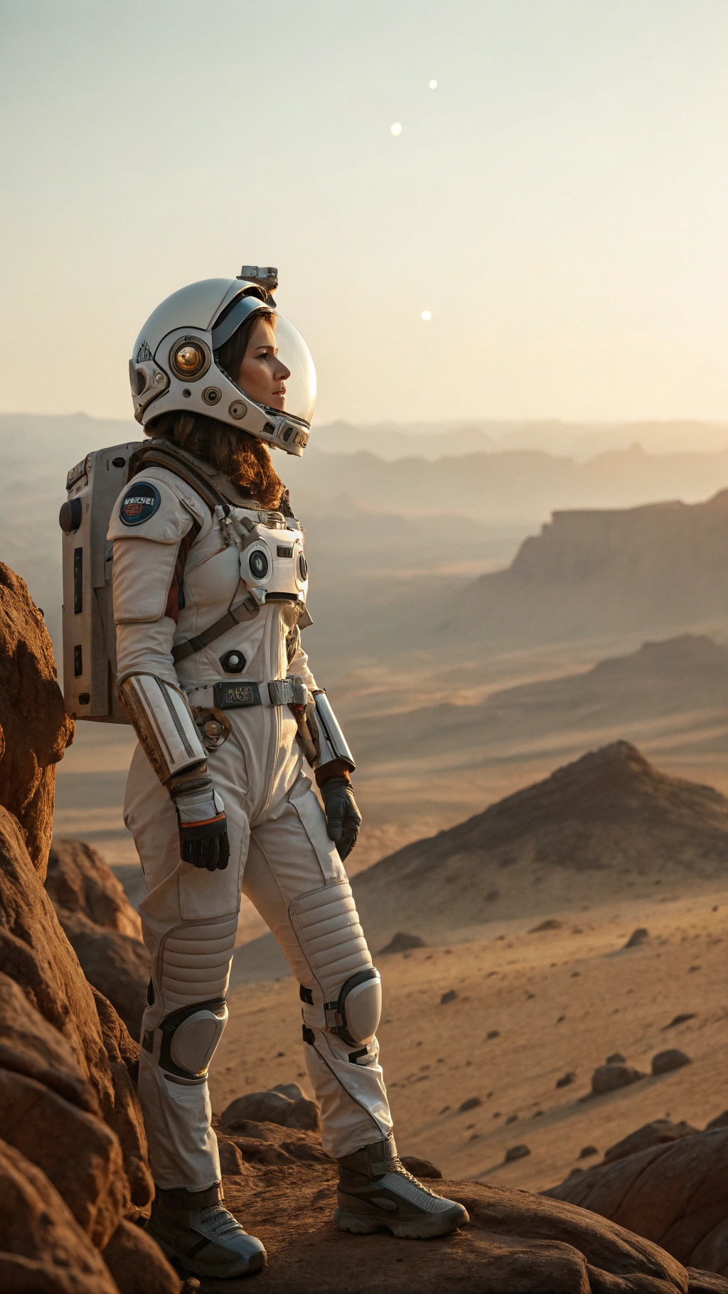 A cinematic portrait of a woman astronaut standing on the rocky surface of a distant planet, beneath a pale sky tinted with faint atmospheric haze. The landscape stretches endlessly behind her — rugged terrain of sand, dust, and eroded stone, echoing the quiet desolation of alien worlds. She wears a futuristic evolution of a NASA-style spacesuit, sleek and advanced with matte white composite armor panels, metallic seams, and soft gold luminescent trims integrated into the fabric. The helmet’s clear visor reflects the horizon’s subtle glow, while translucent HUD graphics flicker faintly across its surface.
Her expression is calm, determined, and introspective, capturing the weight of isolation and discovery. Fine dust drifts in the air around her boots, illuminated by soft, golden sunlight breaking through the thin atmosphere. The lighting is cinematic and naturalistic, blending warm highlights with cool blue shadow tones that create depth and emotional realism.
In the distance, the outline of a futuristic landing craft gleams faintly, its lights shimmering through the dust — a silent reminder of humanity’s reach across the stars. The scene conveys a Gravity-meets-Interstellar tone: grounded realism infused with advanced design and quiet grandeur.
Style: Futuristic cinematic realism, high-detail sci-fi portrait
Lighting: Natural sunlight with soft atmospheric haze and rim glow
Mood: Solitary, awe-inspiring, elegant, emotionally resonant
Camera angle: Mid-frame eye-level portrait, shallow depth of field for dramatic focus