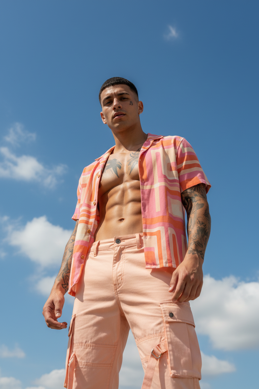 Dynamic low-angle fashion portrait of a confident young man standing outdoors under a bright blue sky with scattered clouds. He wears pastel peach cargo pants paired with an open short-sleeve shirt in shades of pink and orange, revealing his toned torso and tattoos. The upward perspective emphasizes power and presence, while the vibrant colors contrast dramatically with the sky, creating a bold, modern editorial look. Perfect for streetwear campaigns, youth fashion branding, and contemporary lifestyle imagery.