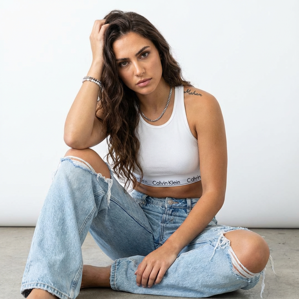 Studio shot, bold sporty-casual mood. Female model with the attached face. Wearing a white athletic crop top with thick straps and a visible 'Calvin Klein' band, layered with a necklace and a bracelet. Extremely baggy, distressed light-wash jeans with heavy rips at the knees and thighs. Seated on the floor against a bright plain white background, with legs bent and crossed. Right arm is up with the hand resting on the head. Direct and intense gaze at the camera. Long dark-brown loose waves flowing over the shoulders. A tattoo of the name 'Maham' written in stylish Arabic script is visible on her shoulder.