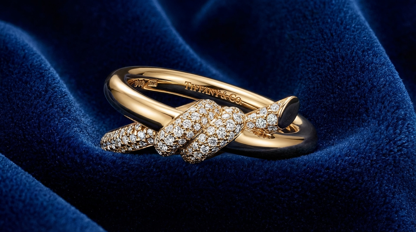 I want this image in a luxurious product photoshoot with luxurious blue cloth backdrop. Add a "tiffany & co" branding text on the ring.