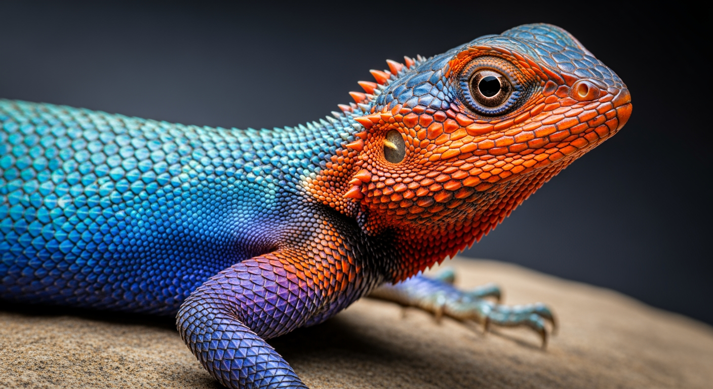 A striking close-up portrait of a vividly colored lizard perched on a textured rock, captured at eye level with shallow depth of field. The reptile features an extraordinary gradient of saturated hues—electric blue scales along the body, fiery orange and red tones on the head and limbs, and subtle purple transitions across the neck and torso. Fine scale textures are sharply detailed, with glossy highlights catching the light. One large, reflective eye is in crisp focus, conveying alertness and curiosity. The background fades into a dark, softly blurred gradient, isolating the subject and enhancing contrast. Lighting is dramatic yet controlled, emphasizing color vibrancy and surface detail. The overall mood is bold, exotic, and visually arresting, ideal for wildlife art, fantasy realism, or high-end digital illustration.