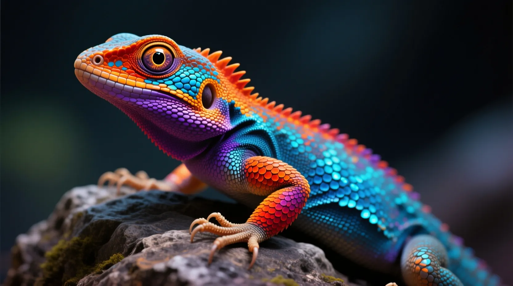 A striking close-up portrait of a vividly colored lizard perched on a textured rock, captured at eye level with shallow depth of field. The reptile features an extraordinary gradient of saturated hues—electric blue scales along the body, fiery orange and red tones on the head and limbs, and subtle purple transitions across the neck and torso. Fine scale textures are sharply detailed, with glossy highlights catching the light. One large, reflective eye is in crisp focus, conveying alertness and curiosity. The background fades into a dark, softly blurred gradient, isolating the subject and enhancing contrast. Lighting is dramatic yet controlled, emphasizing color vibrancy and surface detail. The overall mood is bold, exotic, and visually arresting, ideal for wildlife art, fantasy realism, or high-end digital illustration.