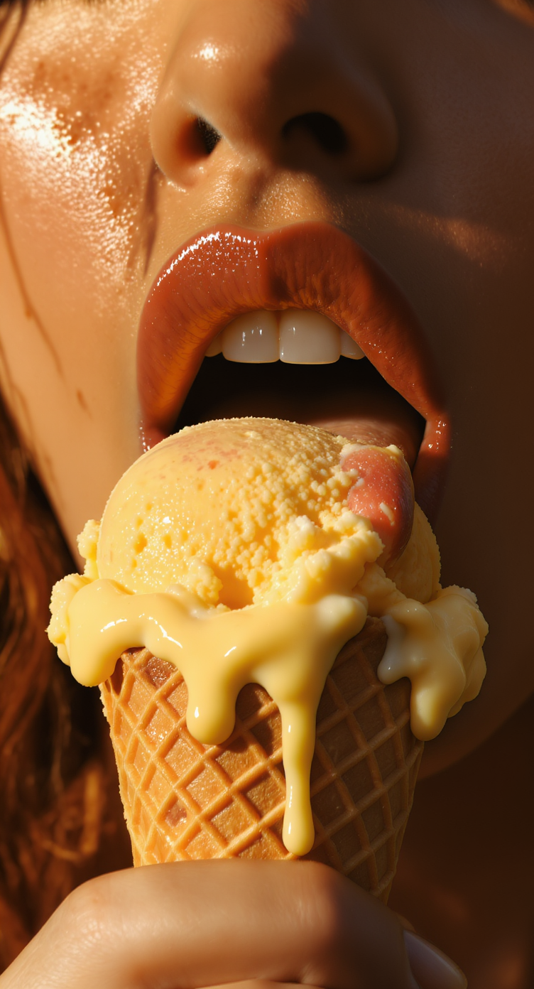 A sensual, artistic close-up photograph of a person licking a melting ice cream cone. The focus is on the mouth and hand, with glossy lips slightly parted, tongue extended toward the ice cream. The ice cream is bright golden yellow, dripping over the edges of a textured waffle cone. The skin has a smooth, natural tone with warm highlights and soft shadows. Lighting is dramatic and sunlit, creating a cinematic, vintage-inspired aesthetic. The style is editorial, photorealistic, and bold.
