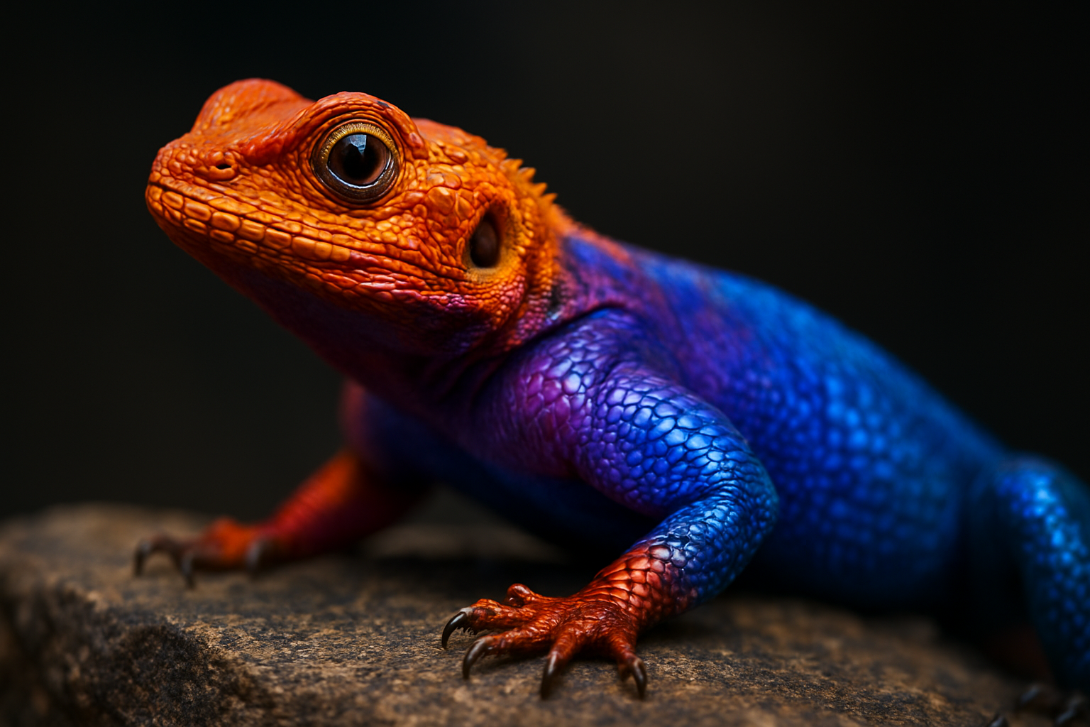 A striking close-up portrait of a vividly colored lizard perched on a textured rock, captured at eye level with shallow depth of field. The reptile features an extraordinary gradient of saturated hues—electric blue scales along the body, fiery orange and red tones on the head and limbs, and subtle purple transitions across the neck and torso. Fine scale textures are sharply detailed, with glossy highlights catching the light. One large, reflective eye is in crisp focus, conveying alertness and curiosity. The background fades into a dark, softly blurred gradient, isolating the subject and enhancing contrast. Lighting is dramatic yet controlled, emphasizing color vibrancy and surface detail. The overall mood is bold, exotic, and visually arresting, ideal for wildlife art, fantasy realism, or high-end digital illustration.