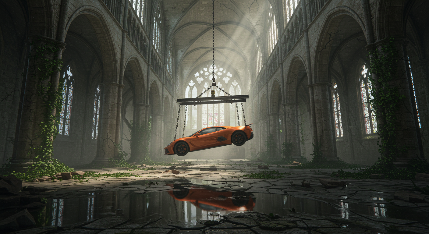 A surreal cinematic scene set inside a vast, abandoned gothic cathedral with towering stone arches, cracked walls, and tall stained-glass windows diffusing cold, misty daylight. Suspended in mid-air at the center of the nave is a bright orange sports car, lifted by heavy chains and a metal hoist frame attached to the vaulted ceiling. The car hangs perfectly horizontal, emphasizing tension and impossibility. Moss, vines, and creeping vegetation reclaim the ancient stone interior, while puddles on the cracked stone floor reflect the cathedral’s architecture and the floating vehicle above. The contrast between the modern, glossy supercar and the decaying medieval environment creates a striking visual juxtaposition. Lighting is soft but dramatic, with volumetric light rays cutting through dust and fog, evoking a mood of mystery, surrealism, and post-apocalyptic elegance. Highly detailed, cinematic realism with a dark, contemplative atmosphere.