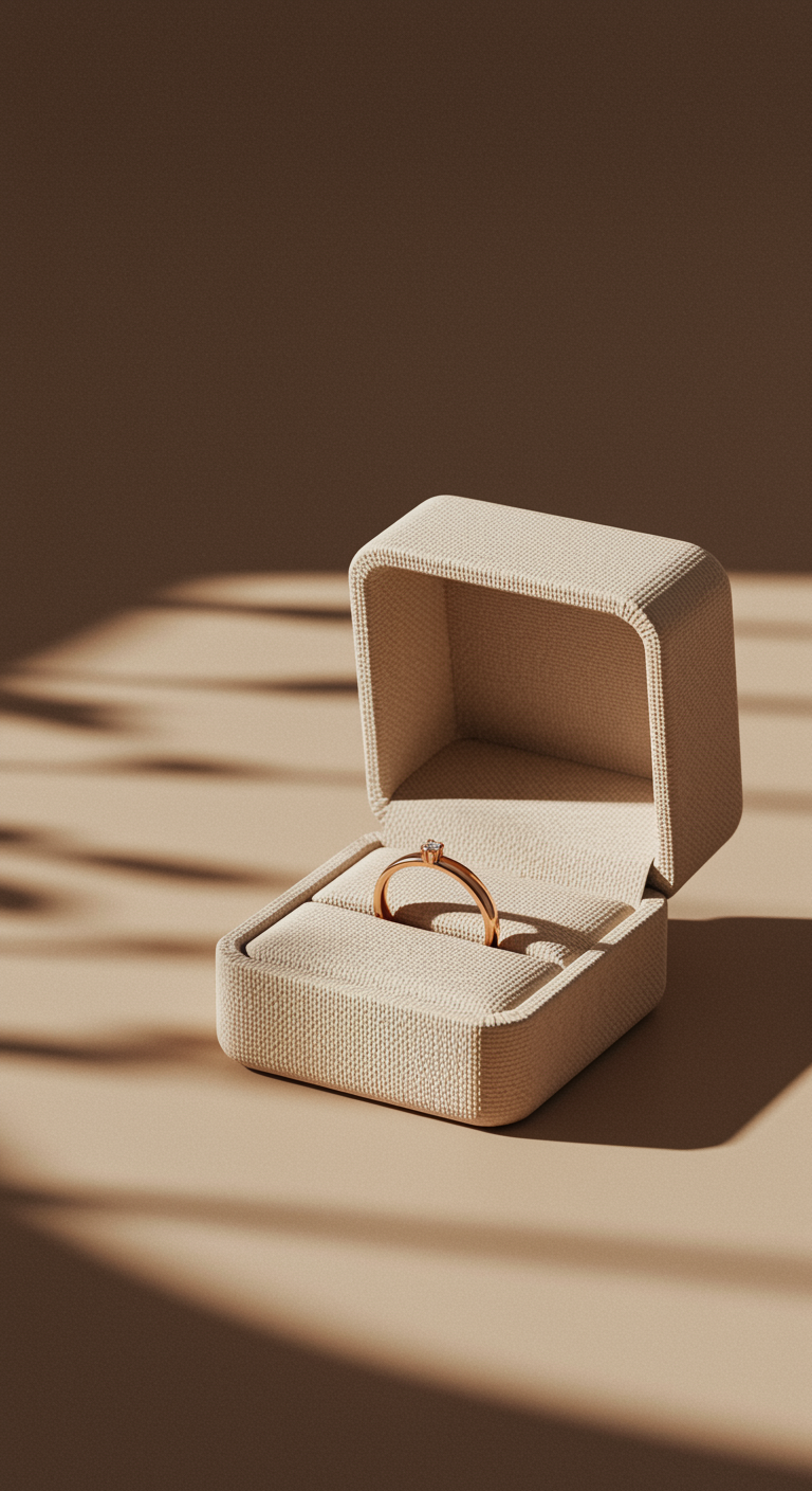This image shows a minimalist product photograph of a ring in a jewelry box. At the center, a simple rose gold band rests neatly inside a beige linen-covered ring box, which is open and angled toward the viewer.
The background is a smooth, neutral-toned surface in light brown, with soft shadows falling across it, creating a warm, natural aesthetic. The lighting is gentle and directional, highlighting the ring’s metallic shine and the fabric texture of the box while maintaining a clean, uncluttered look.
The overall mood is elegant, refined, and understated, conveying themes of commitment, love, proposals, and luxury jewelry branding.