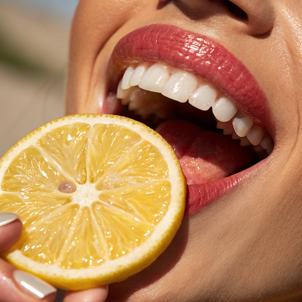 This image is a bold, close-up macro photograph that captures the mouth of a person with glossy lips slightly parted, showing white teeth and a tongue playfully extended. In the foreground, they hold a fresh slice of lemon, its bright yellow pulp vibrant and full of texture.
The sunlit lighting creates a warm, summery atmosphere, with natural highlights on the lips and skin enhancing the sense of freshness. The contrast between the juicy citrus slice and the soft textures of the lips and tongue gives the composition a sensual yet playful tone.
The overall aesthetic is vivid, modern, and expressive, evoking themes of taste, freshness, summer energy, and sensory experiences.