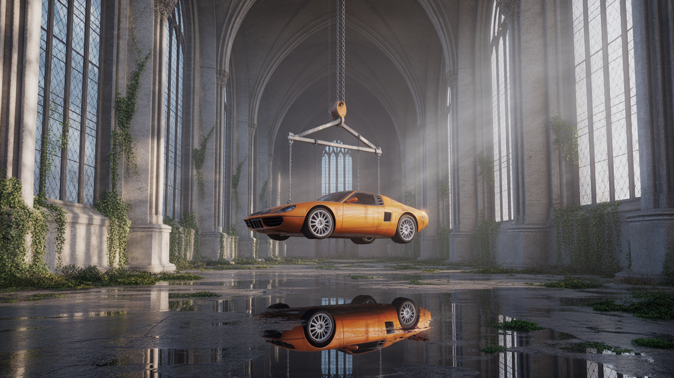 A surreal cinematic scene set inside a vast, abandoned gothic cathedral with towering stone arches, cracked walls, and tall stained-glass windows diffusing cold, misty daylight. Suspended in mid-air at the center of the nave is a bright orange sports car, lifted by heavy chains and a metal hoist frame attached to the vaulted ceiling. The car hangs perfectly horizontal, emphasizing tension and impossibility. Moss, vines, and creeping vegetation reclaim the ancient stone interior, while puddles on the cracked stone floor reflect the cathedral’s architecture and the floating vehicle above. The contrast between the modern, glossy supercar and the decaying medieval environment creates a striking visual juxtaposition. Lighting is soft but dramatic, with volumetric light rays cutting through dust and fog, evoking a mood of mystery, surrealism, and post-apocalyptic elegance. Highly detailed, cinematic realism with a dark, contemplative atmosphere.
