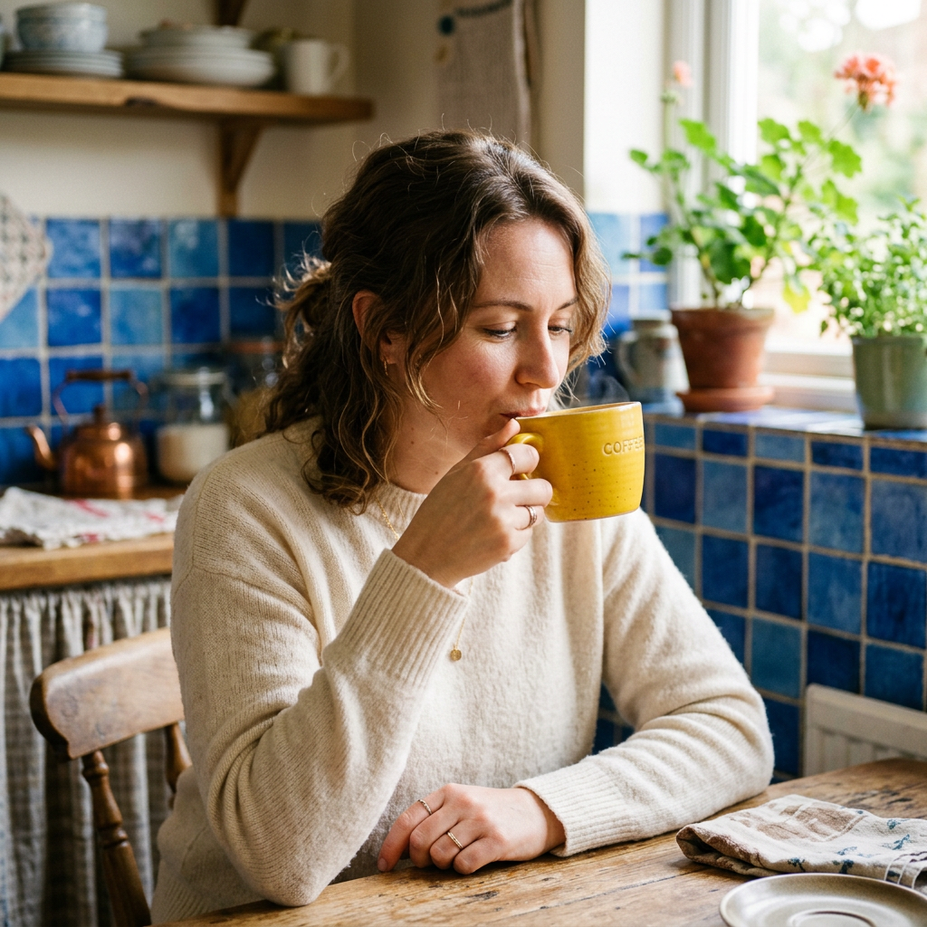 A close-up of a woman sipping a coffee from a yellow mug in a cozy kitchen with blue tiles and natural light streaming in.