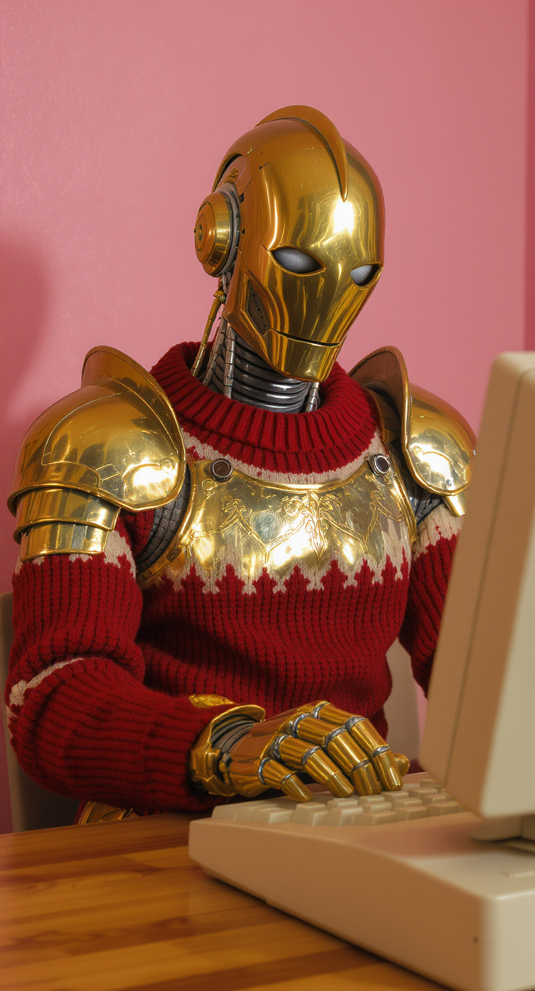 This image shows a stylized humanoid robot with a golden metallic head, neck, and hands, dressed in a quirky combination of ornate gold armor plating and a knitted sweater in red and white. The robot is posed in front of a vintage beige computer, with its hands placed on the keyboard as if typing.

The robot’s design mixes retro-futuristic and medieval elements: its golden body parts resemble old-fashioned robotics, while the armor-like plating on its shoulders and chest evokes a knightly aesthetic. The knitted sweater adds a humorous, almost domestic contrast to the otherwise mechanical and regal look.

The background is a simple pink wall, which, along with the warm lighting, gives the scene a playful, staged, and slightly surreal vibe.

The overall mood is whimsical, ironic, and imaginative, blending themes of technology, fashion, and retro nostalgia in a visually striking way.