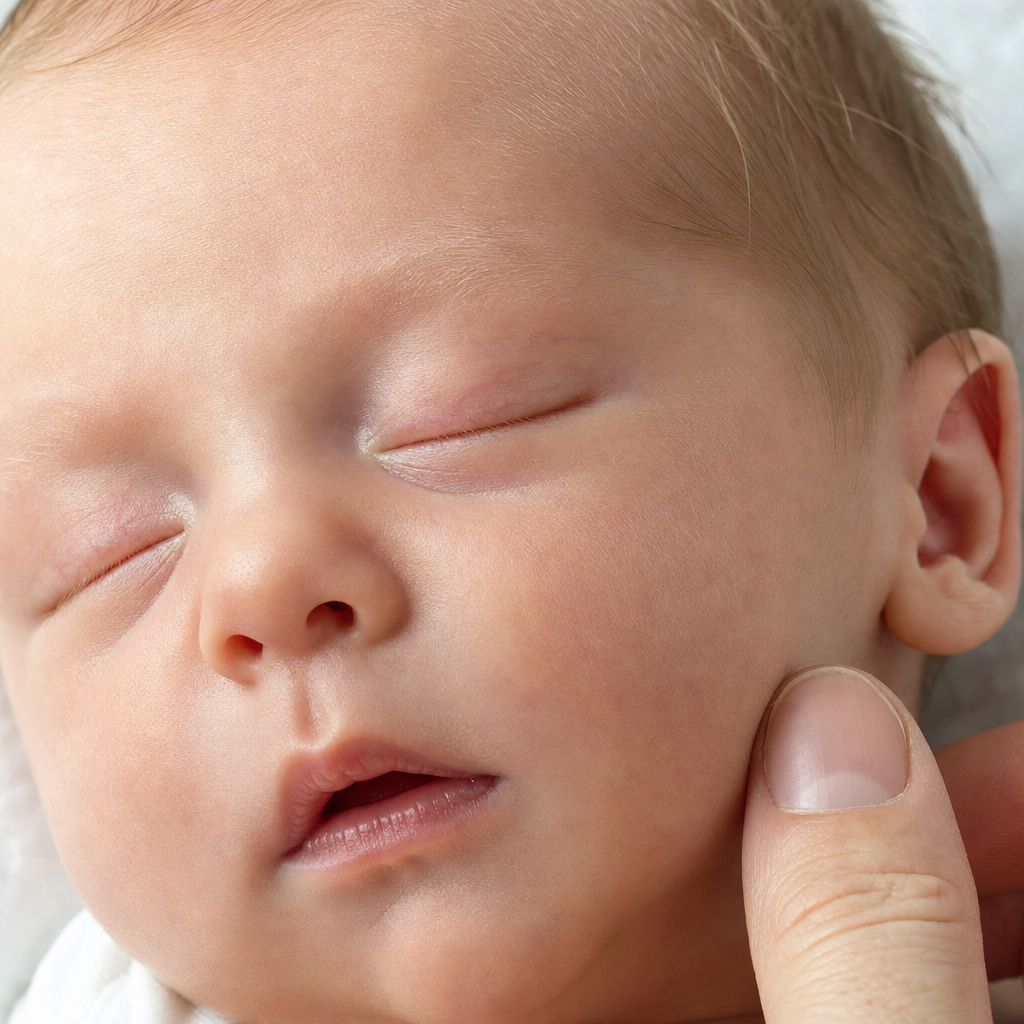 A square 1:1 extreme close-up portrait of a sleeping newborn baby, shot from above, the tiny face filling the entire frame. The baby sleeps in absolute peace — rosebud lips slightly parted, impossibly smooth skin catching soft directional light from the left, the faintest blue veins visible beneath the translucent skin of the eyelids. Downy fine hair across the forehead and temples catches the light as a soft golden halo. The ear is visible in perfect detail — the tiny helix, tragus, and earlobe forming a miniature architectural structure. A single adult thumb rests beside the cheek for scale, the size contrast between newborn skin and adult skin telling the entire emotional story. Shot on a 100mm macro lens at f/2.8. Lighting: one large diffused softbox from the left, a small silver reflector on the right for gentle fill. Color grade: warm ivory skin tones, soft golden hair, cool white background. Mood: tender, miraculous, the overwhelming fragility of new life.