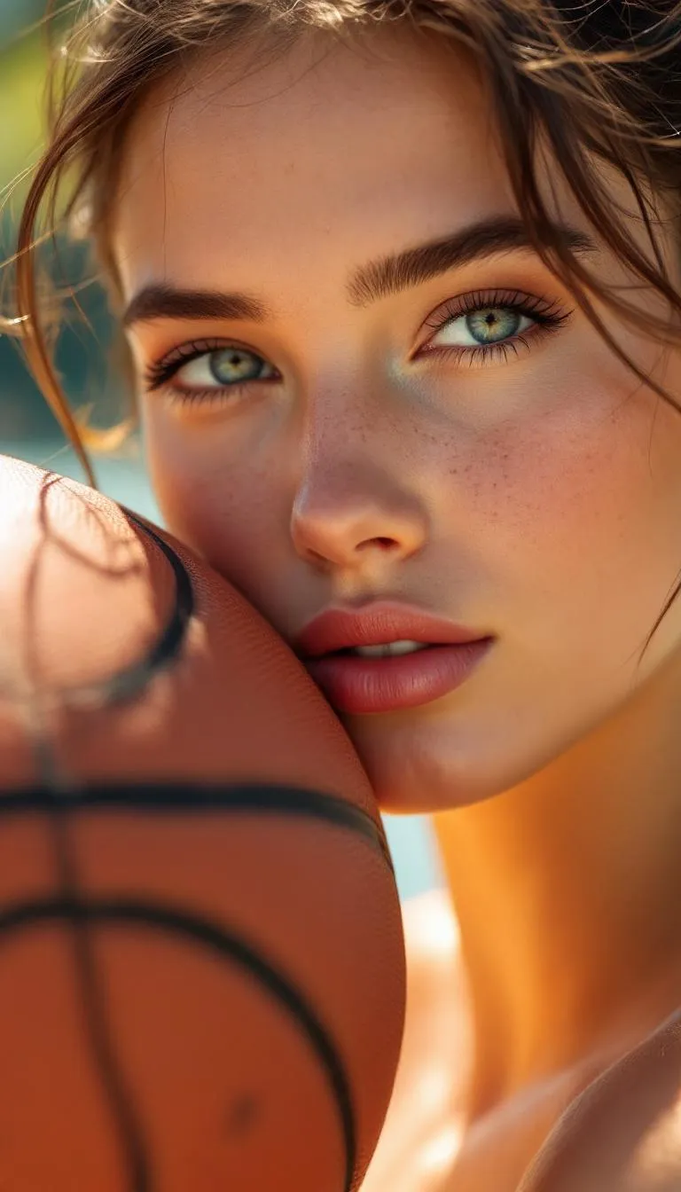 A close-up portrait of a young woman on an outdoor basketball court, bathed in warm natural sunlight. She has dewy, glowing skin with soft freckles, light makeup, and slightly parted lips. Her hair is tied back neatly, with a few loose strands framing her face. A basketball is positioned close to her cheek, dominating part of the foreground and adding texture contrast to her smooth skin. The lighting creates gentle shadows and highlights across her face, emphasizing her natural features and sporty confidence. Shot with a shallow depth of field and cinematic color grading for a modern, lifestyle aesthetic.