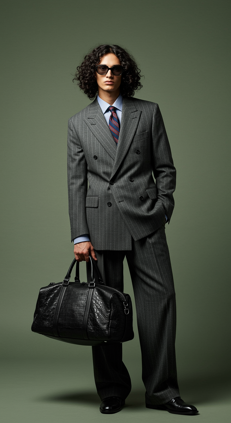 a stylish person posing confidently against a muted green studio backdrop. They are dressed in a sharp, tailored gray pinstripe suit with a double-breasted blazer and matching wide-leg trousers. Underneath, they wear a light blue dress shirt with the collar slightly open and a colorful striped tie worn loosely for a relaxed, modern look.

The person accessorizes with dark sunglasses, black leather loafers, and a large textured black leather duffel bag held in one hand. Their wavy, shoulder-length dark hair and neutral expression add to the composed, fashion-forward aesthetic. The lighting is soft and even, emphasizing the outfit’s structure and texture, giving the overall scene a refined, editorial feel that blends classic menswear-inspired tailoring with contemporary minimalism.