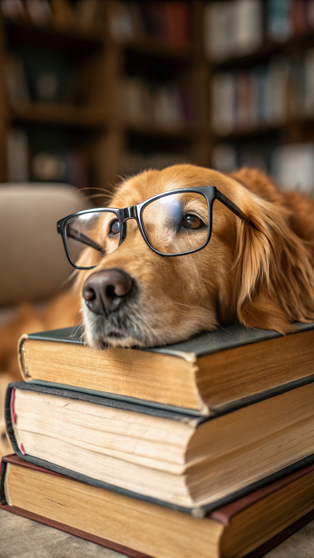 Charming portrait of a golden retriever wearing black reading glasses, resting its head on a stack of old hardcover books. The dog’s expression is calm and thoughtful, creating a humorous yet heartwarming scene. The background is softly blurred with bookshelves, evoking the cozy atmosphere of a library or study. Warm natural lighting highlights the dog’s golden fur and the textured spines of the books, making this an ideal concept for education, wisdom, pets, or lifestyle themes
