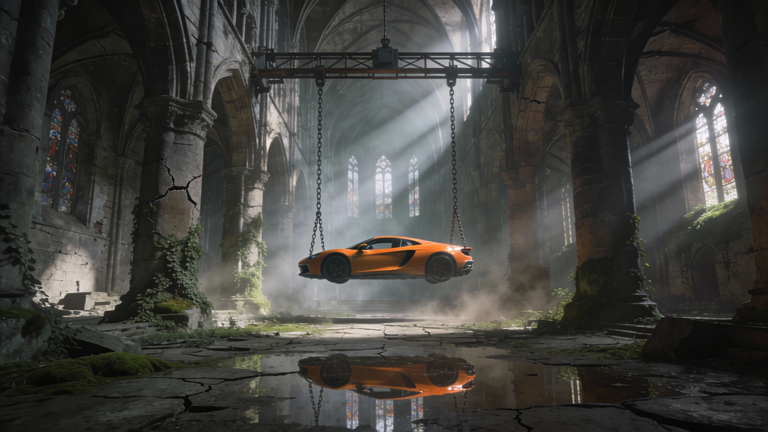 A surreal cinematic scene set inside a vast, abandoned gothic cathedral with towering stone arches, cracked walls, and tall stained-glass windows diffusing cold, misty daylight. Suspended in mid-air at the center of the nave is a bright orange sports car, lifted by heavy chains and a metal hoist frame attached to the vaulted ceiling. The car hangs perfectly horizontal, emphasizing tension and impossibility. Moss, vines, and creeping vegetation reclaim the ancient stone interior, while puddles on the cracked stone floor reflect the cathedral’s architecture and the floating vehicle above. The contrast between the modern, glossy supercar and the decaying medieval environment creates a striking visual juxtaposition. Lighting is soft but dramatic, with volumetric light rays cutting through dust and fog, evoking a mood of mystery, surrealism, and post-apocalyptic elegance. Highly detailed, cinematic realism with a dark, contemplative atmosphere.