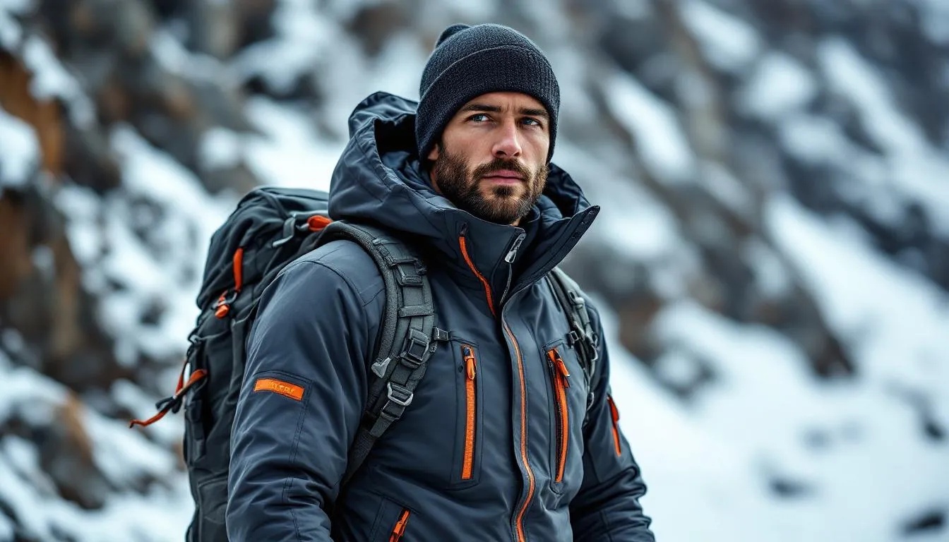 a man outdoors in a cold, mountainous environment, dressed in technical winter gear. He is wearing a dark gray waterproof jacket with taped seams, multiple zippers, and orange accent details, giving it a sleek, high-performance look. A dark knit beanie covers his head, and he has a neatly groomed beard. The jacket includes reinforced sleeves and pockets, and he is carrying a backpack with visible shoulder straps, suggesting he’s prepared for outdoor activity such as hiking or mountaineering.
The background features blurred rocky terrain with patches of snow, emphasizing the cold and rugged setting. The lighting is soft and natural, highlighting the texture of his clothing and the moisture on its surface. The overall atmosphere conveys resilience, focus, and adventure in a harsh winter landscape.
