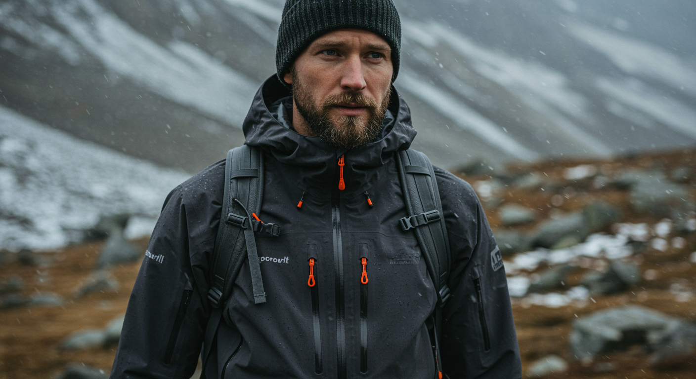 a man outdoors in a cold, mountainous environment, dressed in technical winter gear. He is wearing a dark gray waterproof jacket with taped seams, multiple zippers, and orange accent details, giving it a sleek, high-performance look. A dark knit beanie covers his head, and he has a neatly groomed beard. The jacket includes reinforced sleeves and pockets, and he is carrying a backpack with visible shoulder straps, suggesting he’s prepared for outdoor activity such as hiking or mountaineering.

The background features blurred rocky terrain with patches of snow, emphasizing the cold and rugged setting. The lighting is soft and natural, highlighting the texture of his clothing and the moisture on its surface. The overall atmosphere conveys resilience, focus, and adventure in a harsh winter landscape.
