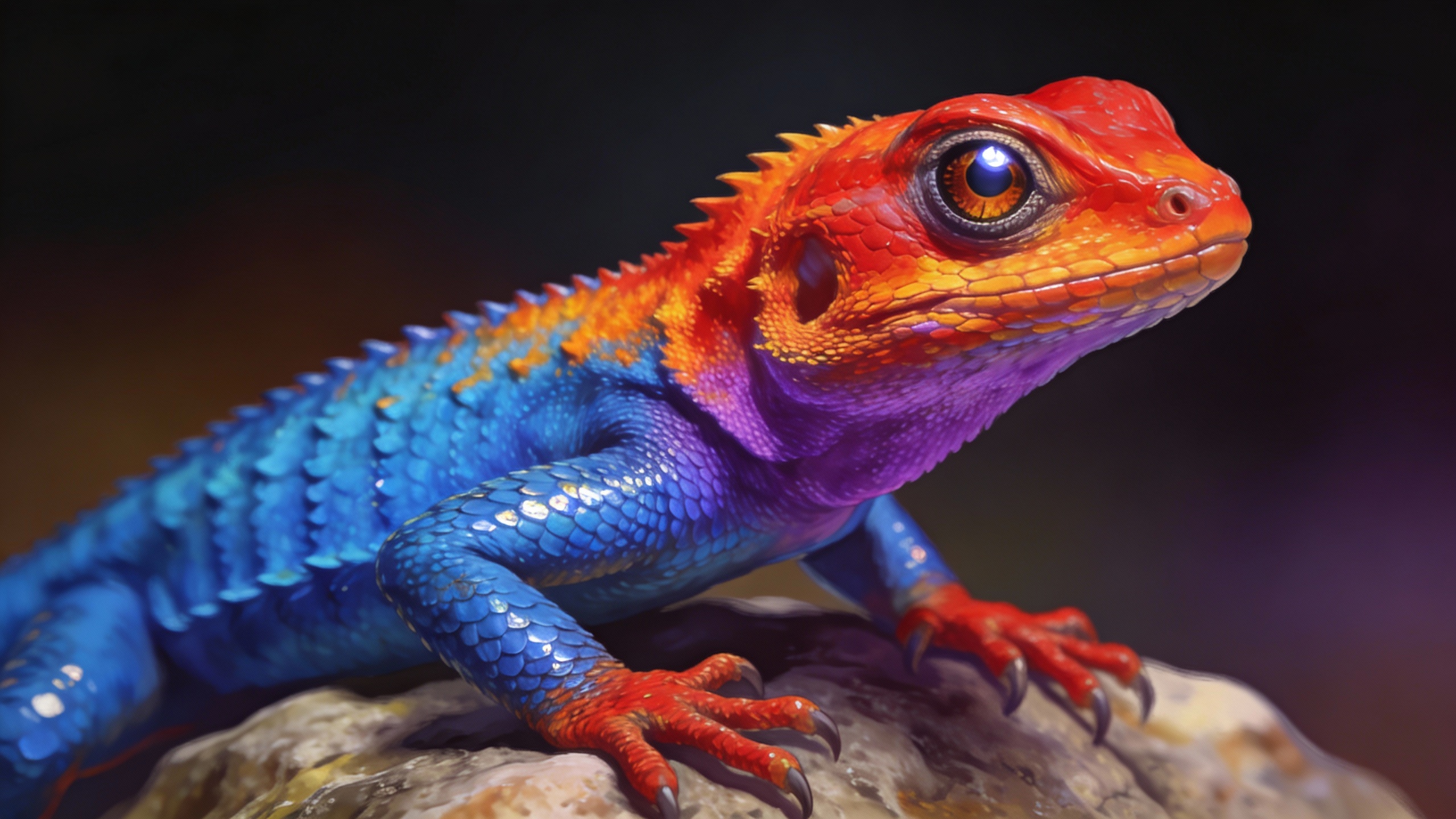 A striking close-up portrait of a vividly colored lizard perched on a textured rock, captured at eye level with shallow depth of field. The reptile features an extraordinary gradient of saturated hues—electric blue scales along the body, fiery orange and red tones on the head and limbs, and subtle purple transitions across the neck and torso. Fine scale textures are sharply detailed, with glossy highlights catching the light. One large, reflective eye is in crisp focus, conveying alertness and curiosity. The background fades into a dark, softly blurred gradient, isolating the subject and enhancing contrast. Lighting is dramatic yet controlled, emphasizing color vibrancy and surface detail. The overall mood is bold, exotic, and visually arresting, ideal for wildlife art, fantasy realism, or high-end digital illustration.