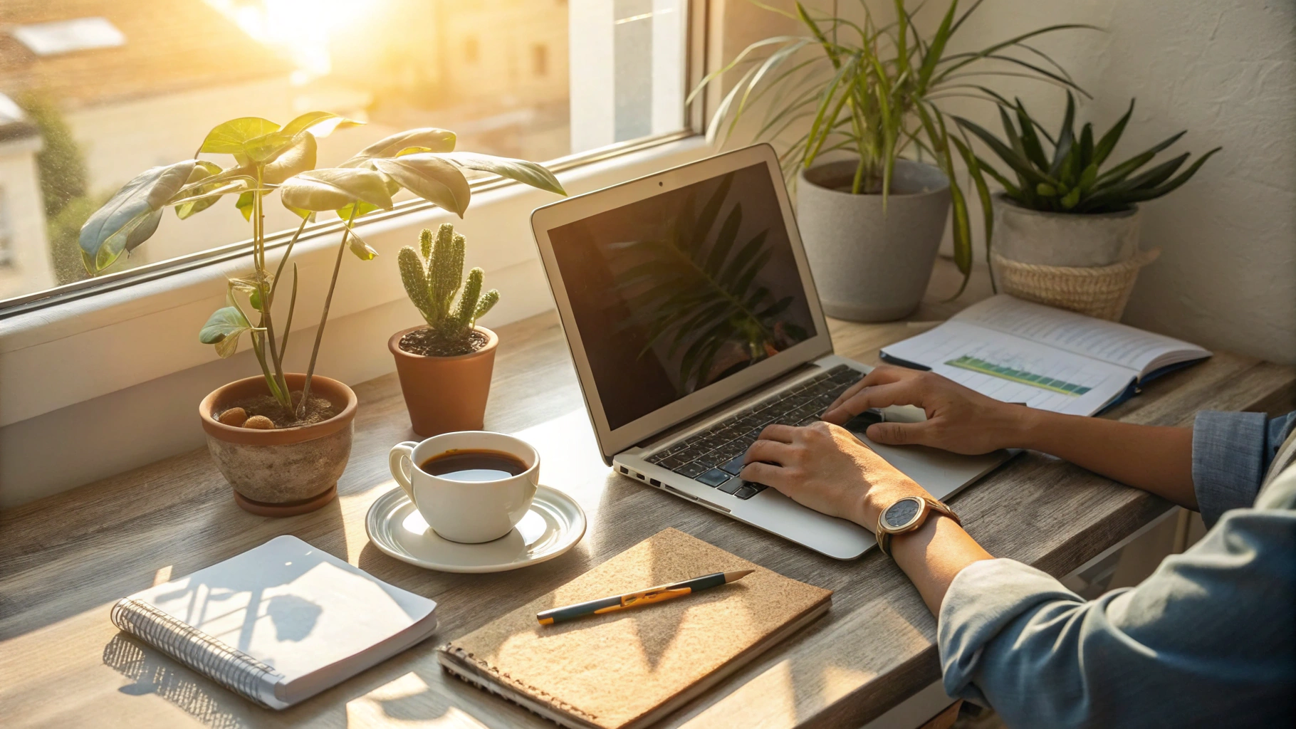 A home office setup with a person typing on a laptop, surrounded by coffee, notebooks, and plants. Sunlight streams through a nearby window, creating a warm and inviting remote-work environment. The atmosphere reflects work-life balance, flexibility, and modern professional lifestyles.
