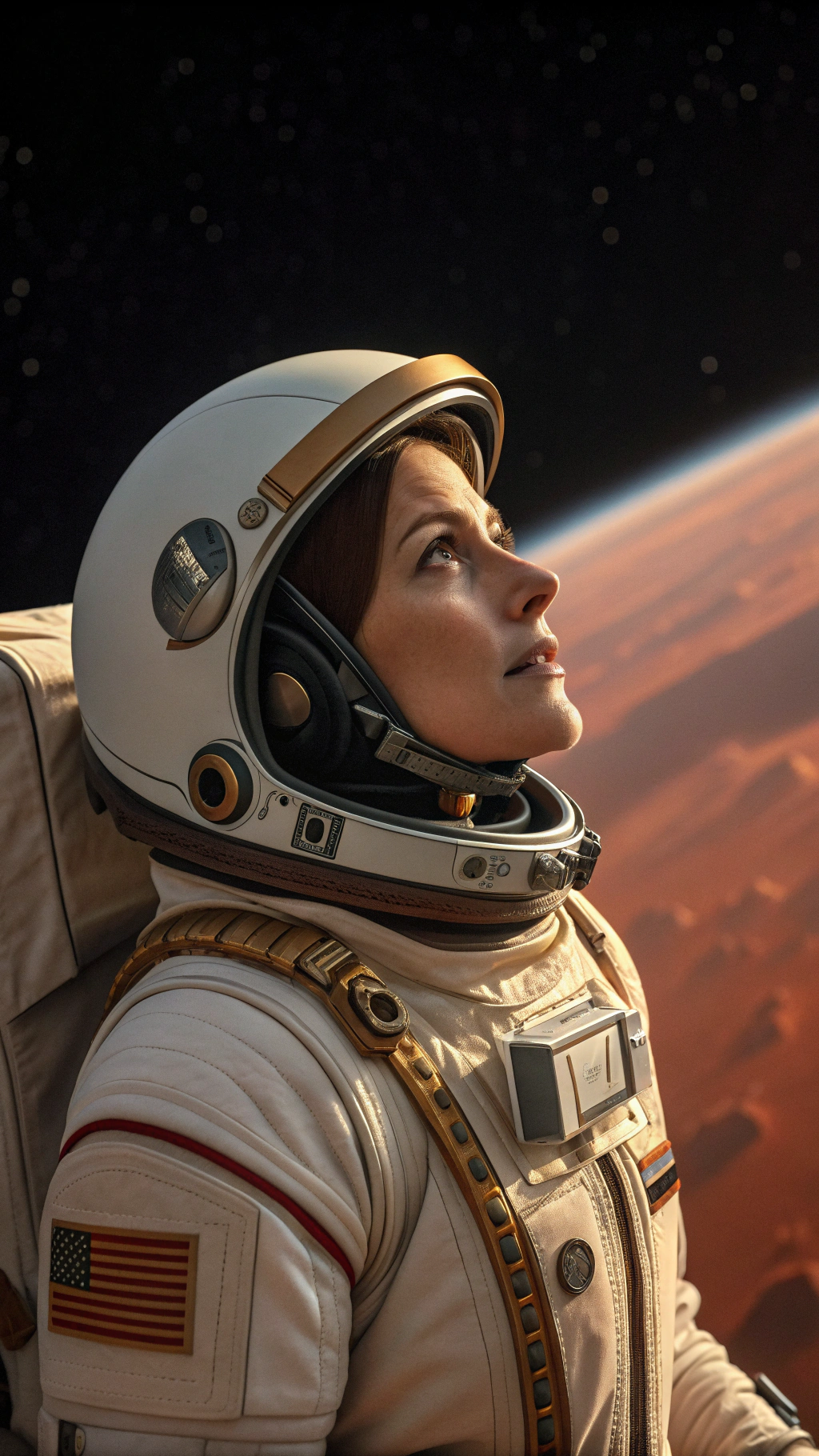 A striking cinematic portrait of a woman astronaut floating gracefully outside a sleek spacecraft in orbit above Mars. The scene is illuminated by the soft glow of the planet’s red surface below and the distant shimmer of starlight. She wears a streamlined, next-generation spacesuit — elegant and form-fitting, crafted from matte white and metallic cream composite materials with subtle gold inlays and carbon-fiber accents. The suit’s visored helmet is partially open, revealing her calm yet determined expression, as strands of her long hair drift weightlessly in zero gravity.
Tiny light particles and drifting dust catch the ambient light, giving the image a slow, dreamlike motion reminiscent of space debris scenes from Gravity. The reflections on her visor show distant constellations, satellites, and the faint curve of Mars’ horizon. Inside her visor, soft UI holographic readouts glow faintly in cyan and gold, enhancing the futuristic realism.
The mood is poetic, lonely, and breathtakingly beautiful — balancing the vulnerability of human presence in space with the sleek precision of high fashion and cutting-edge technology.
Style: Cinematic realism, sci-fi epic, luxury astronaut aesthetic
Lighting: Red-gold rim light from Mars, contrasted with cool blue starlight fill
Mood: Serene, powerful, futuristic, ethereal