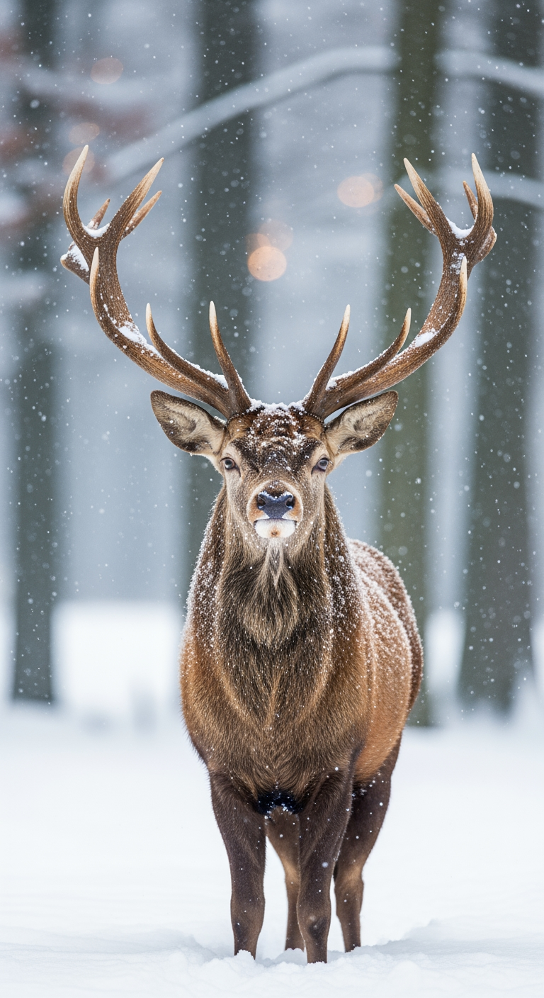 A close-up wildlife portrait of a majestic stag standing still in a snowy forest during active snowfall. The deer faces the camera directly, with large symmetrical antlers coated in fresh snow, creating a striking and powerful composition. Its fur is a rich warm brown, lightly dusted with snowflakes, contrasting against the soft white foreground and cool gray-blue background. The background features blurred winter trees with shallow depth of field, producing a dreamy, atmospheric bokeh effect. Lighting is soft and diffused, typical of overcast winter conditions, emphasizing fine details in the fur, antlers, and snow texture. The mood is calm, serene, and slightly dramatic, evoking wilderness, nature, and seasonal beauty. Shot at eye level with a centered composition, high realism, no text, ideal for commercial wildlife, winter, or holiday-themed stock imagery.
