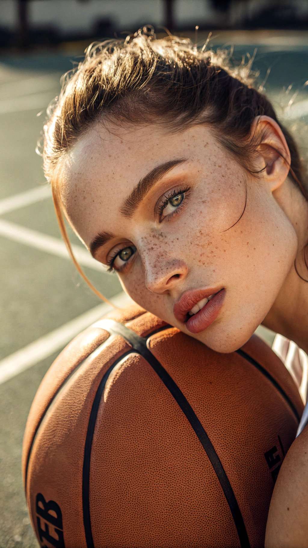 A close-up portrait of a young woman on an outdoor basketball court, bathed in warm natural sunlight. She has dewy, glowing skin with soft freckles, light makeup, and slightly parted lips. Her hair is tied back neatly, with a few loose strands framing her face. A basketball is positioned close to her cheek, dominating part of the foreground and adding texture contrast to her smooth skin. The lighting creates gentle shadows and highlights across her face, emphasizing her natural features and sporty confidence. Shot with a shallow depth of field and cinematic color grading for a modern, lifestyle aesthetic.